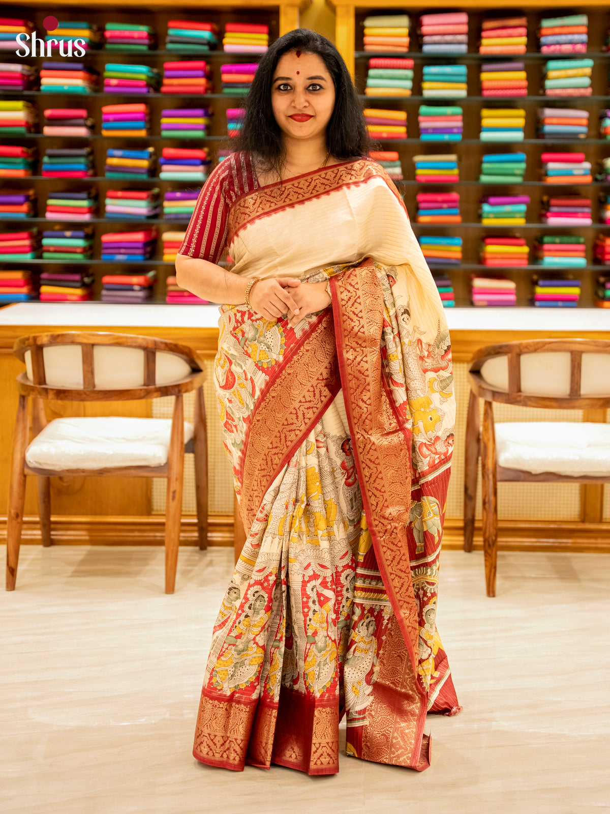 Cream & Maroon- Semi Tussar Saree