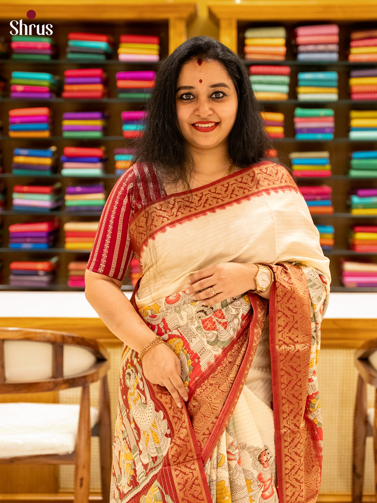 Cream & Maroon- Semi Tussar Saree