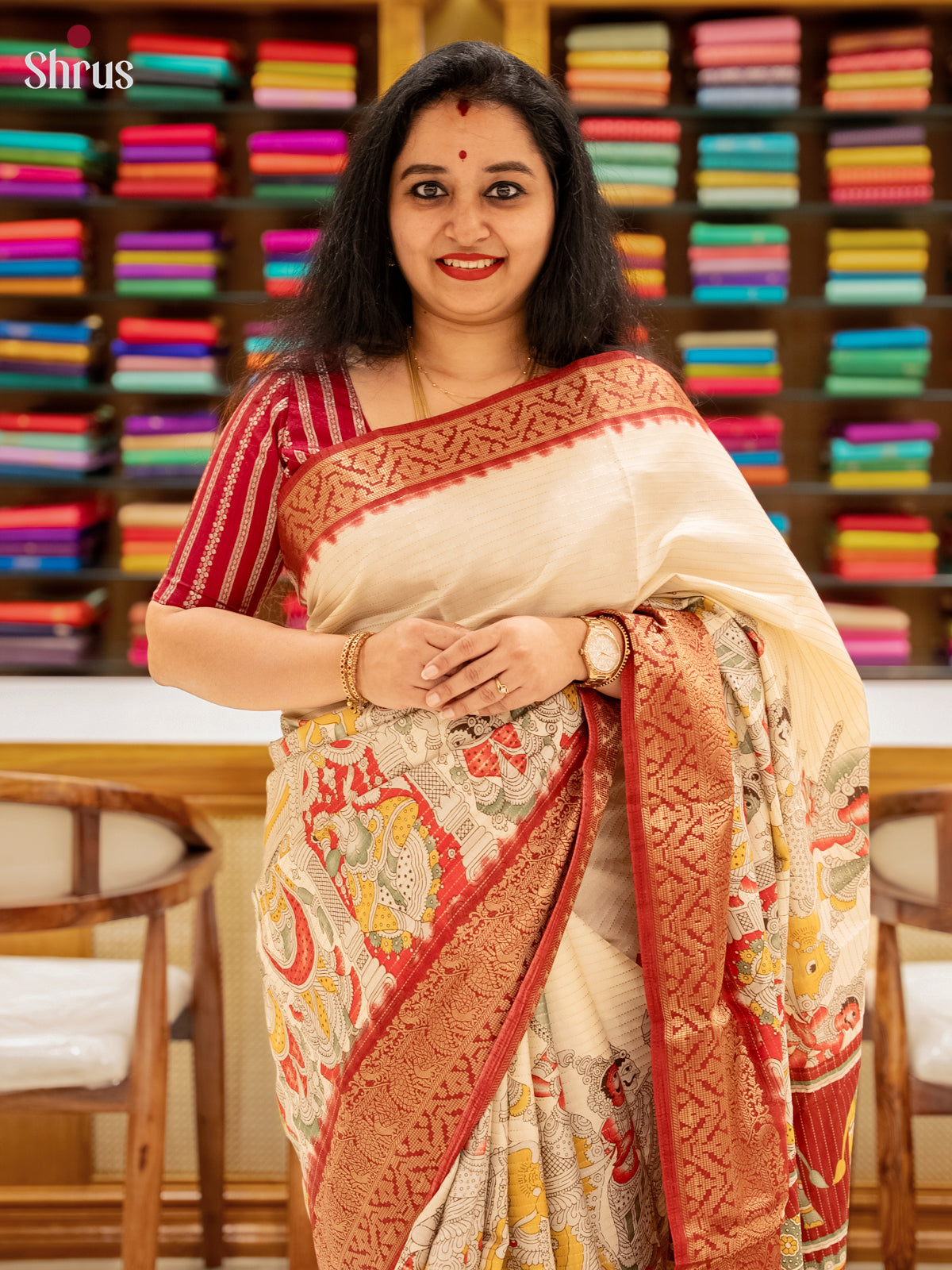 Cream & Maroon- Semi Tussar Saree