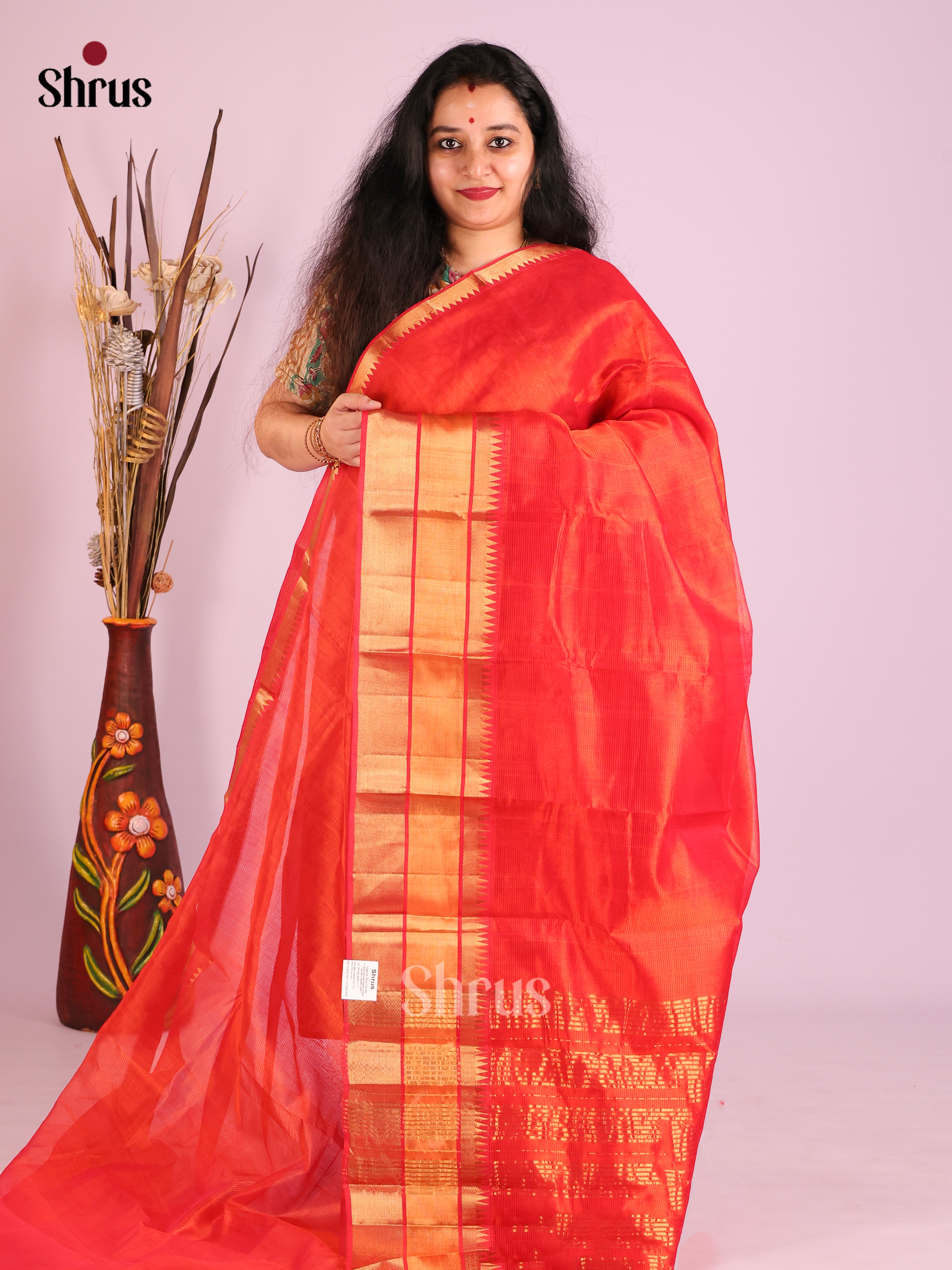 Red(Single Tone) - Mangalagiri silkcotton Saree - Shop on Shrus.com