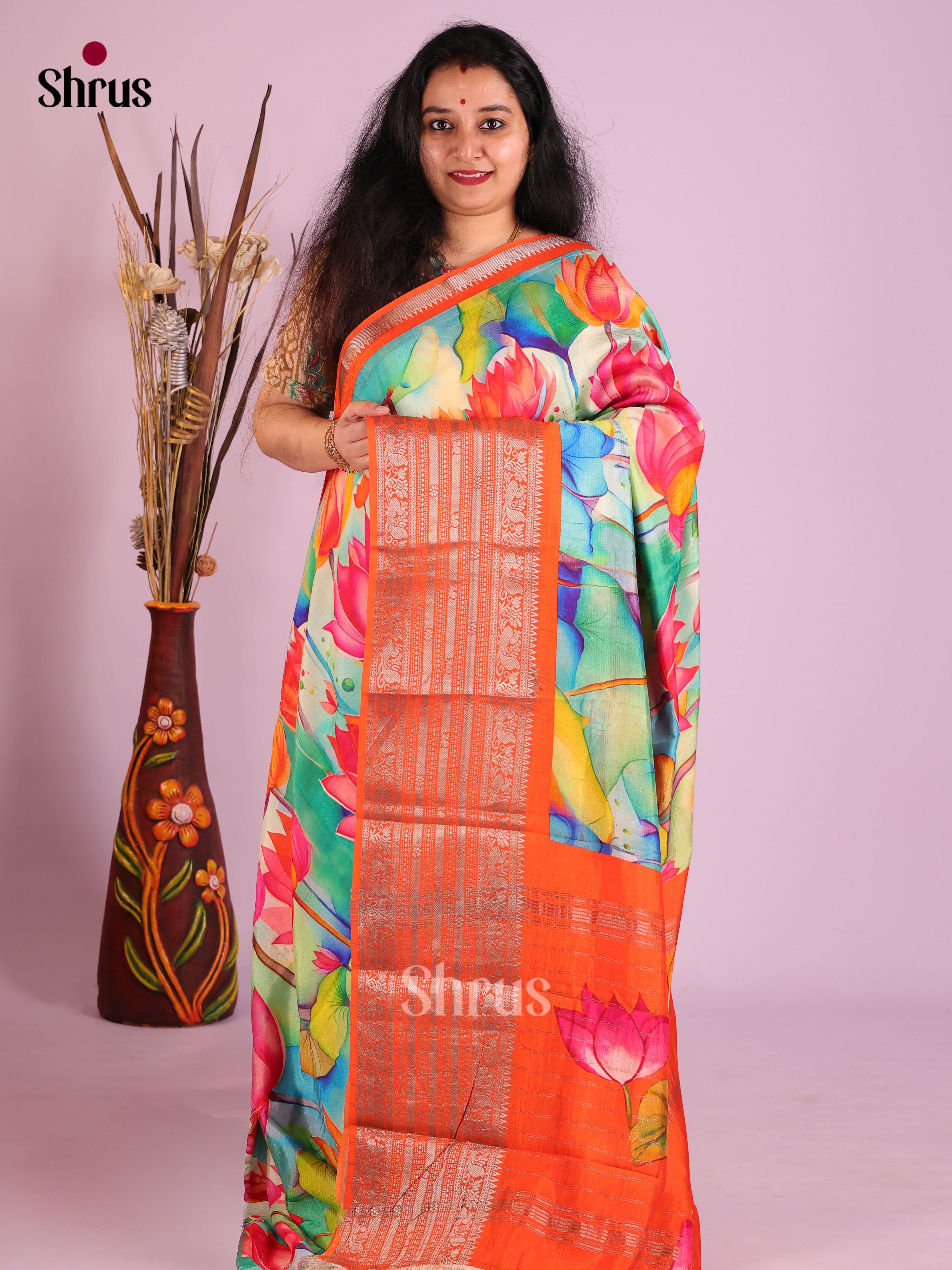 DIS26371 - Mangalagiri printed silkcotton Saree - Shop on Shrus.com