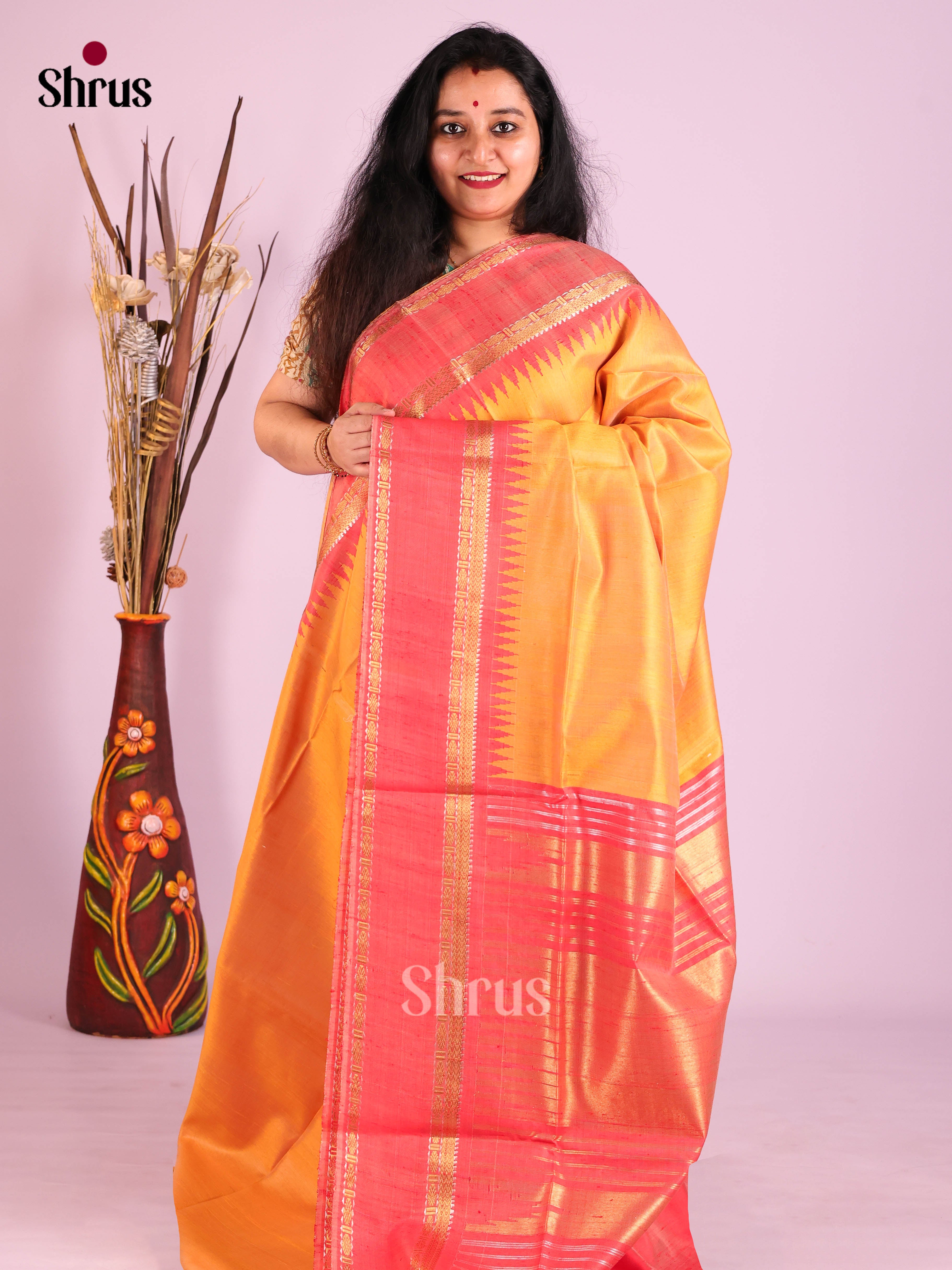 Mustard & Orangish Pink - Raw Silk Saree