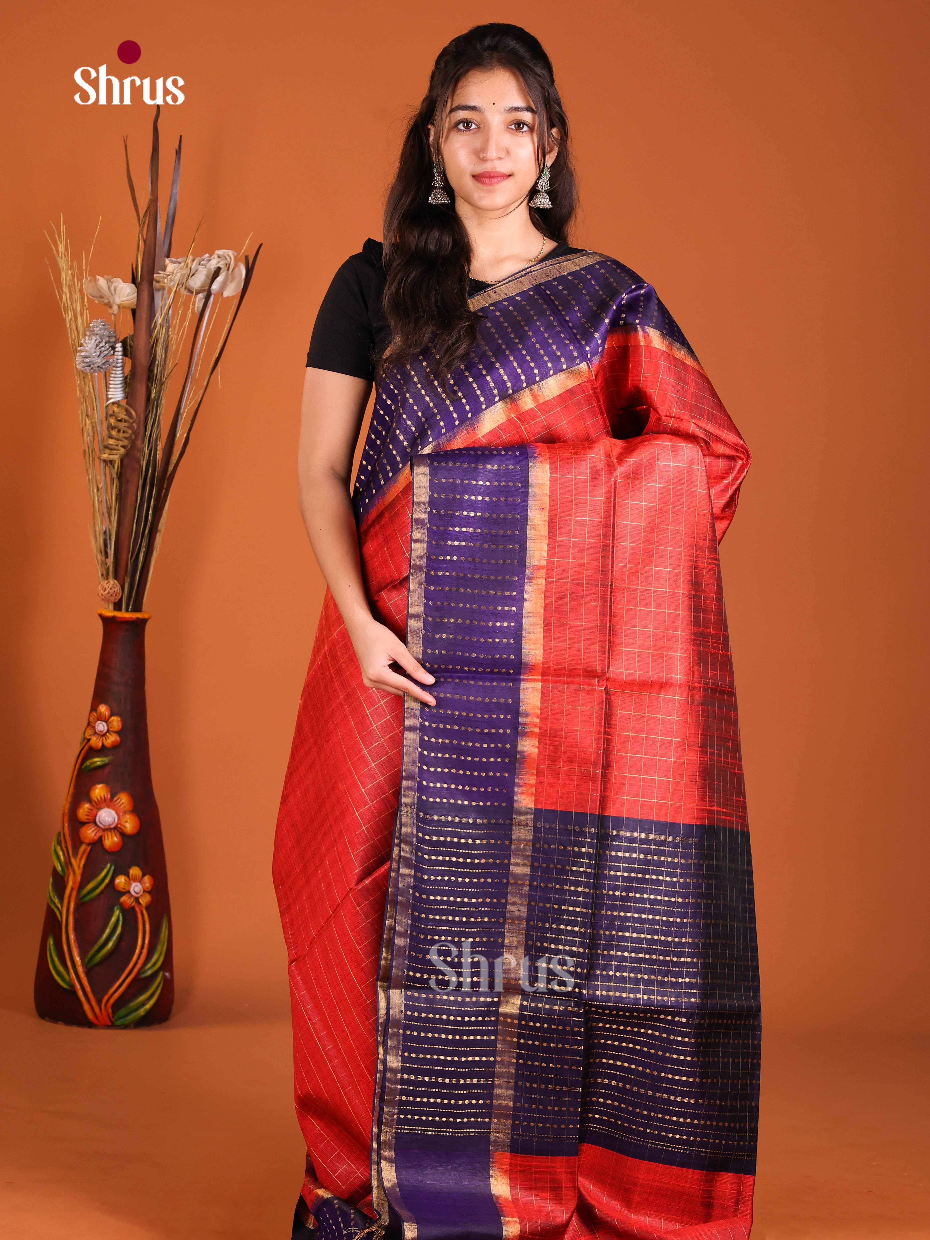 Red & Blue - Raw Silk Saree