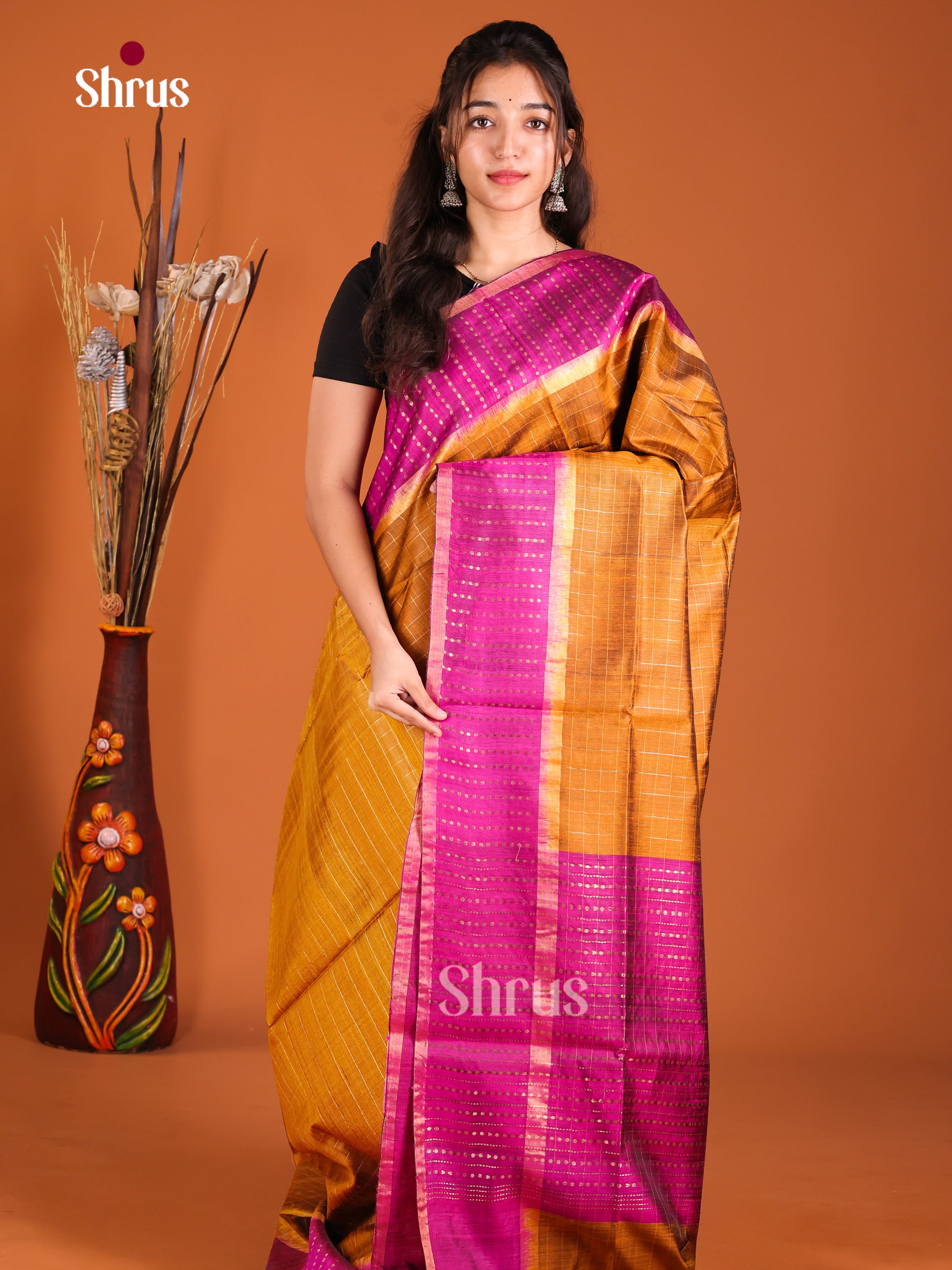 Lustrous Mustard Raw Silk Saree With Gold Checks & Majenta Border