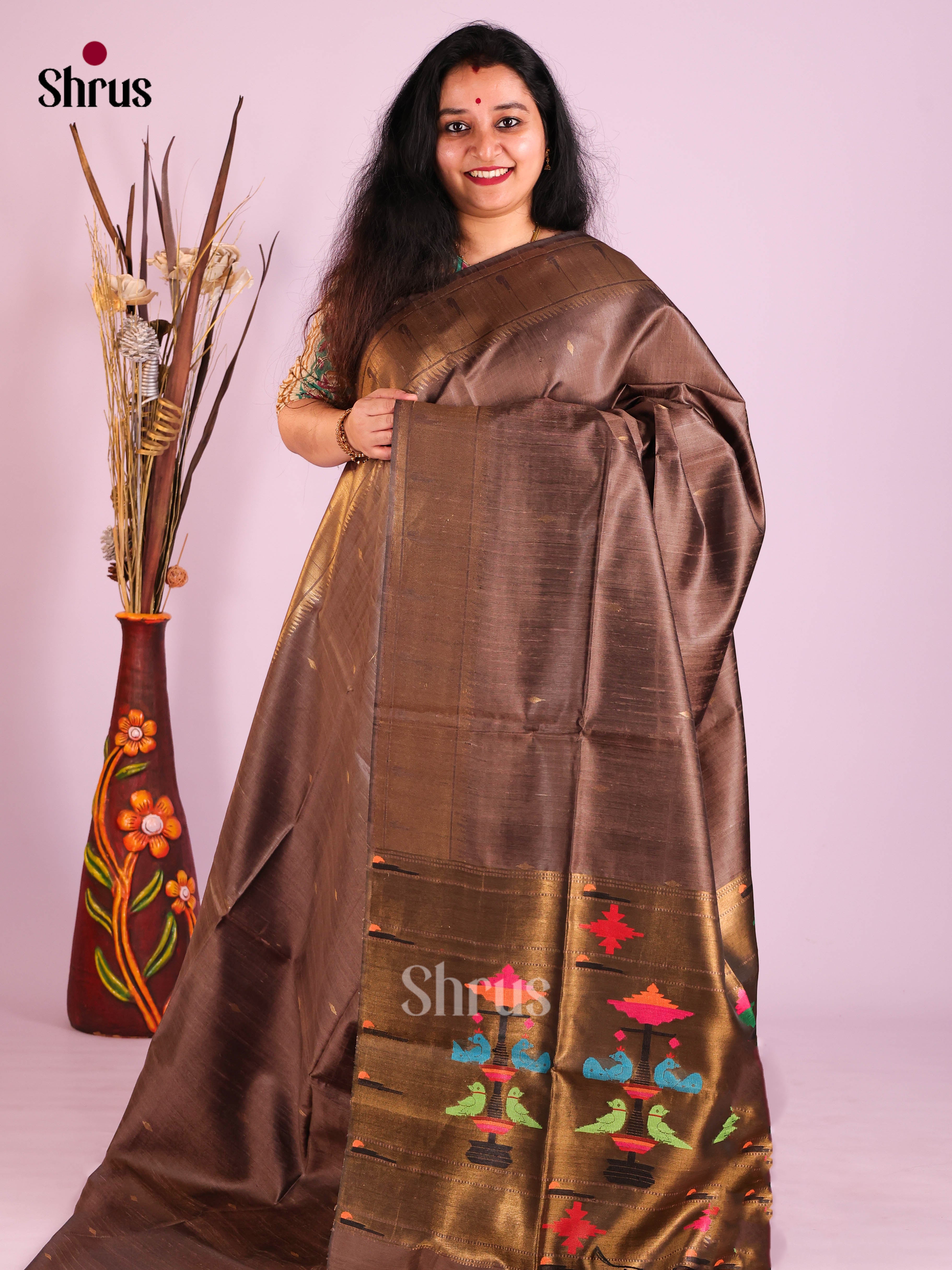 Brown(Single Tone) - Raw Silk Saree