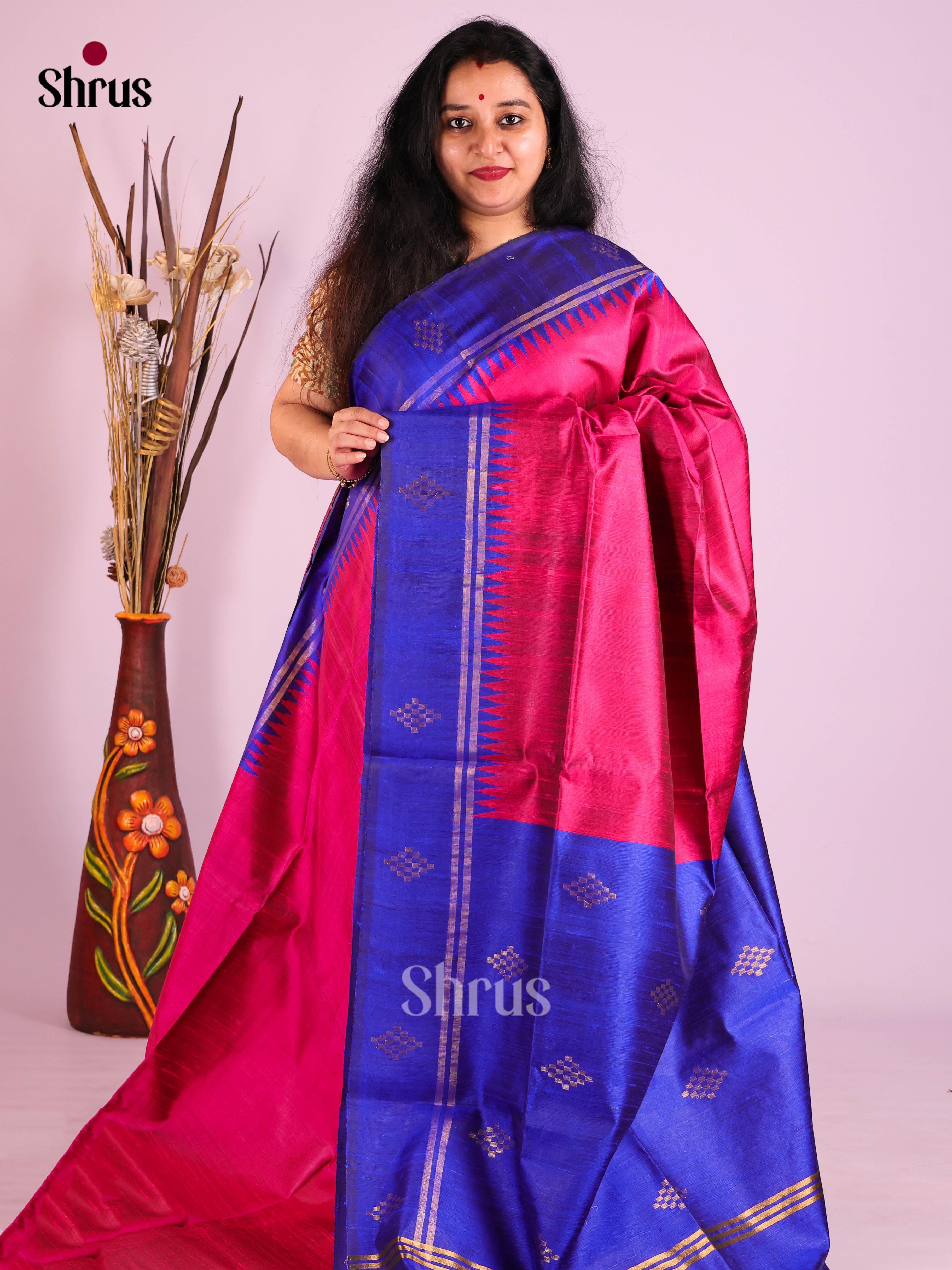 Pink & Blue - Raw Silk Saree