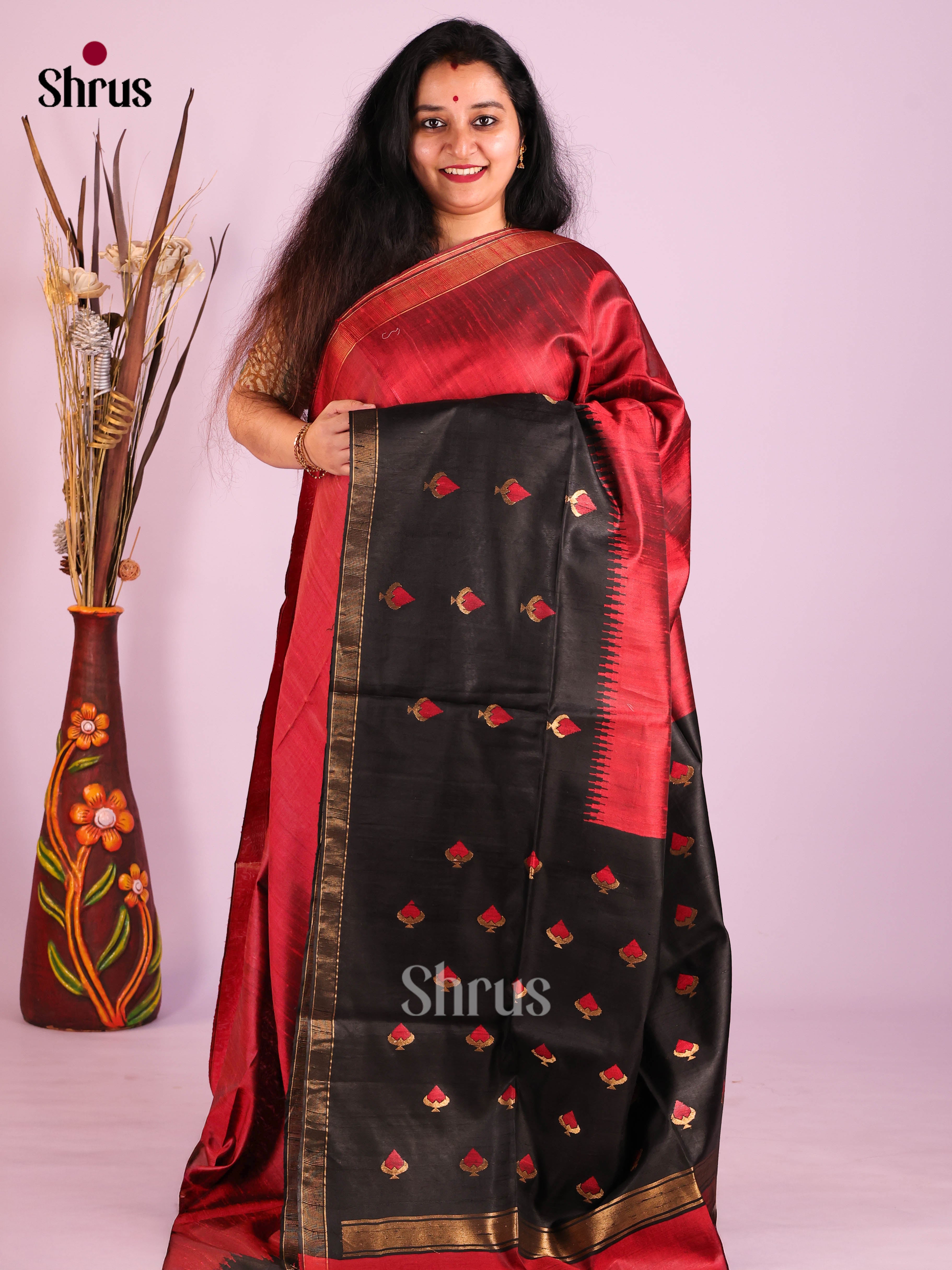 Red & Black - Raw Silk Saree