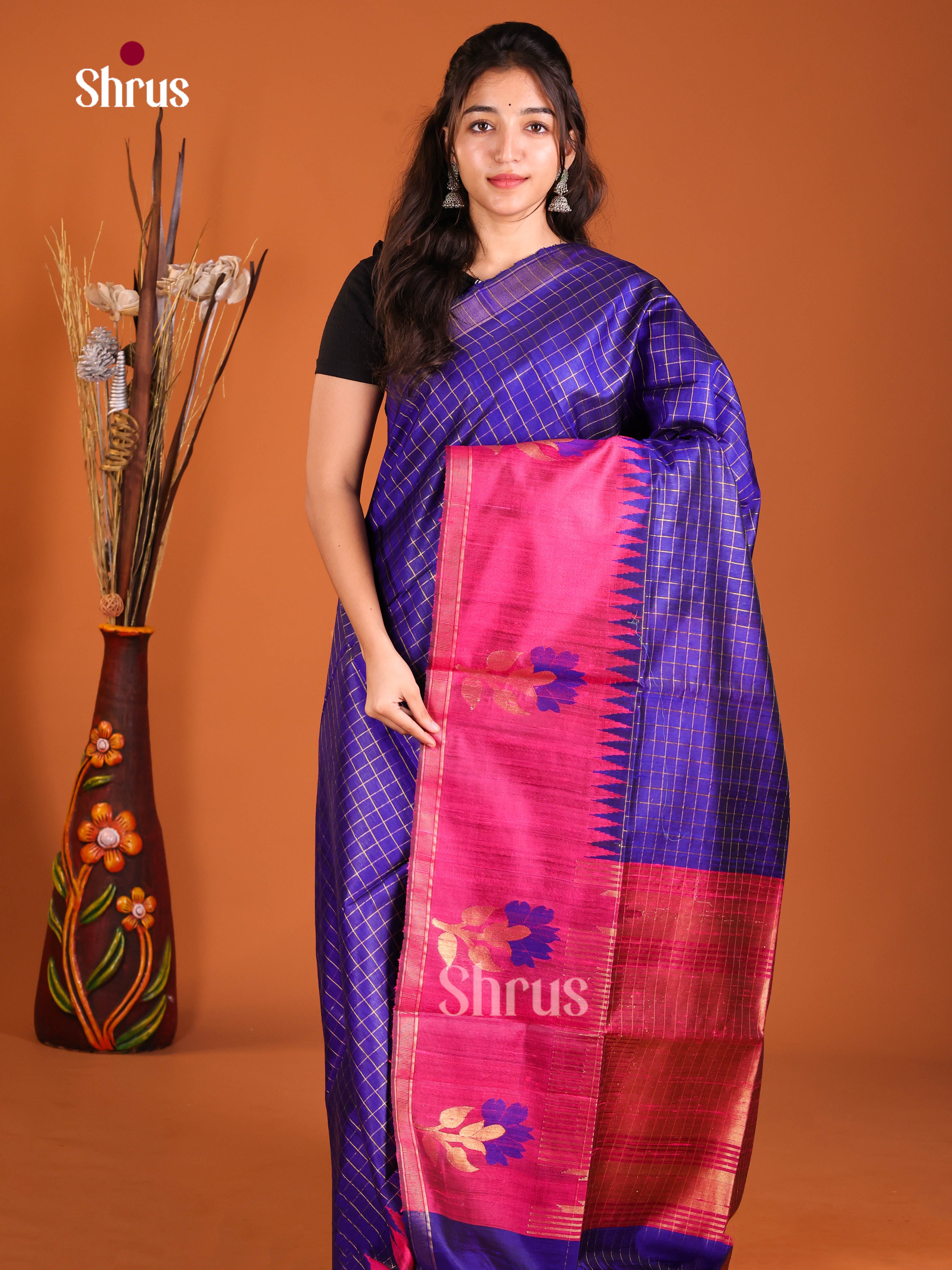 Blue & Pink - Raw Silk Saree