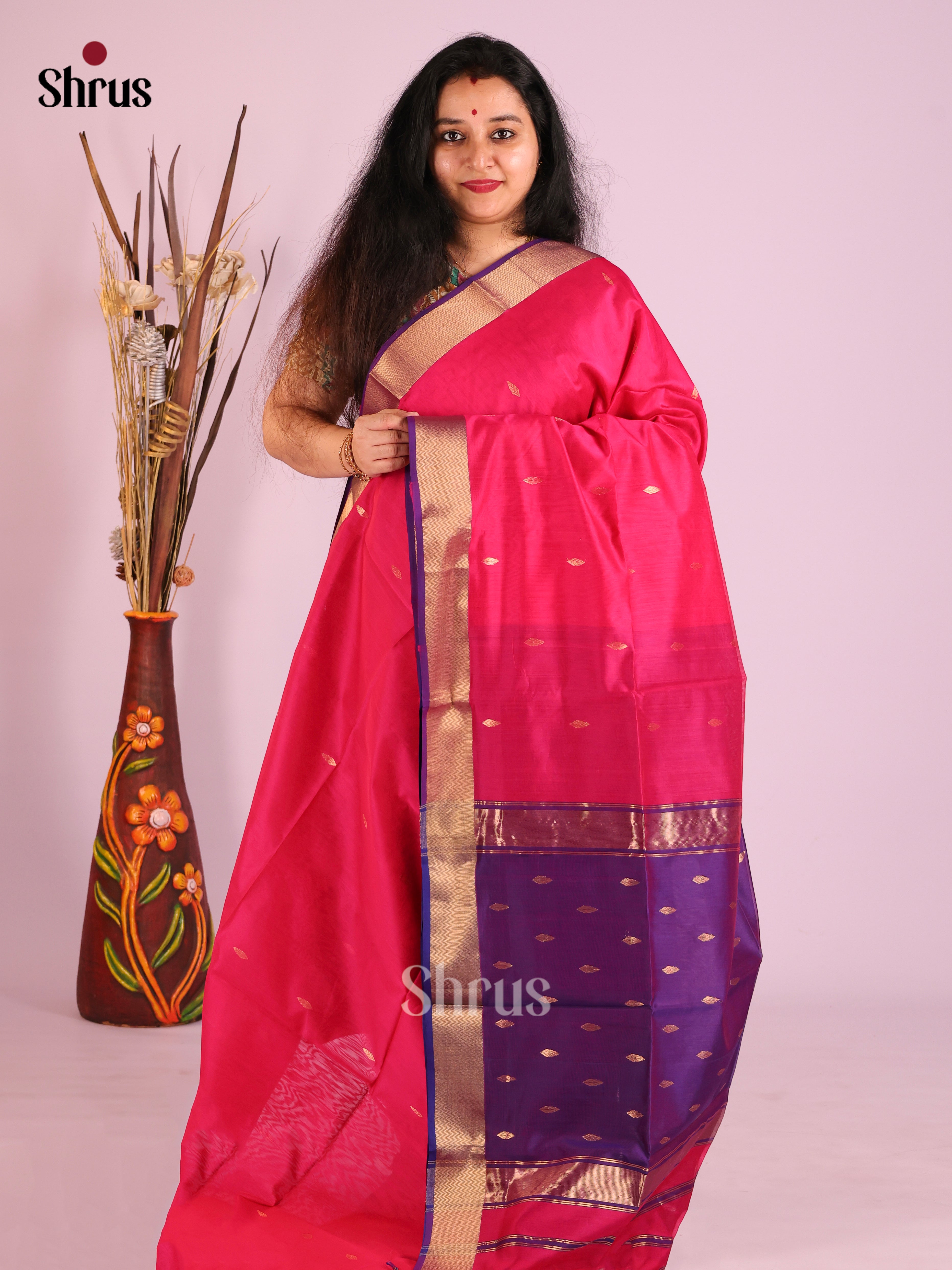 Pink & Violet - Maheshwari silkcotton Saree - Shop on Shrus.com