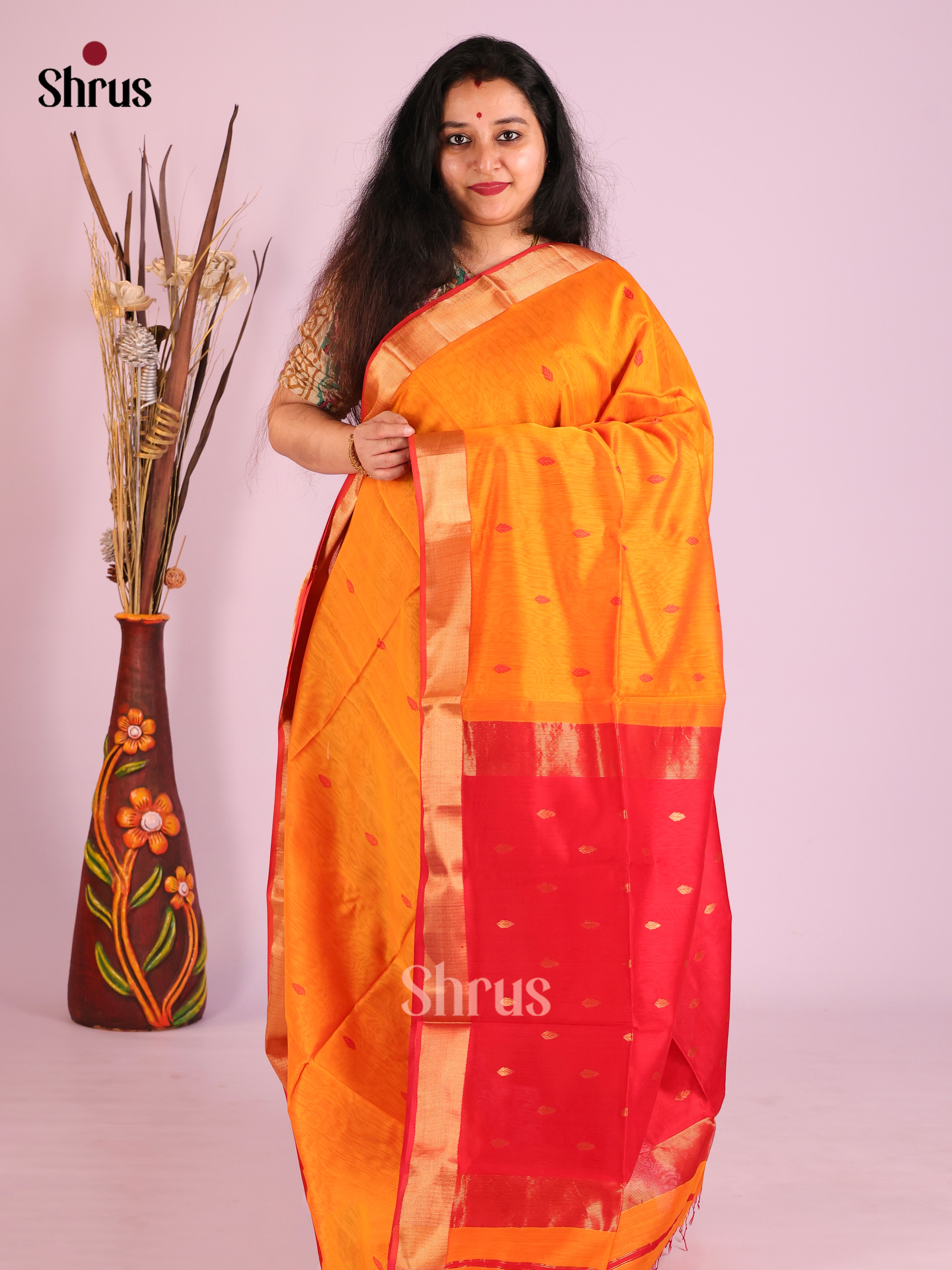 Mustard & Red- Maheshwari silkcotton Saree