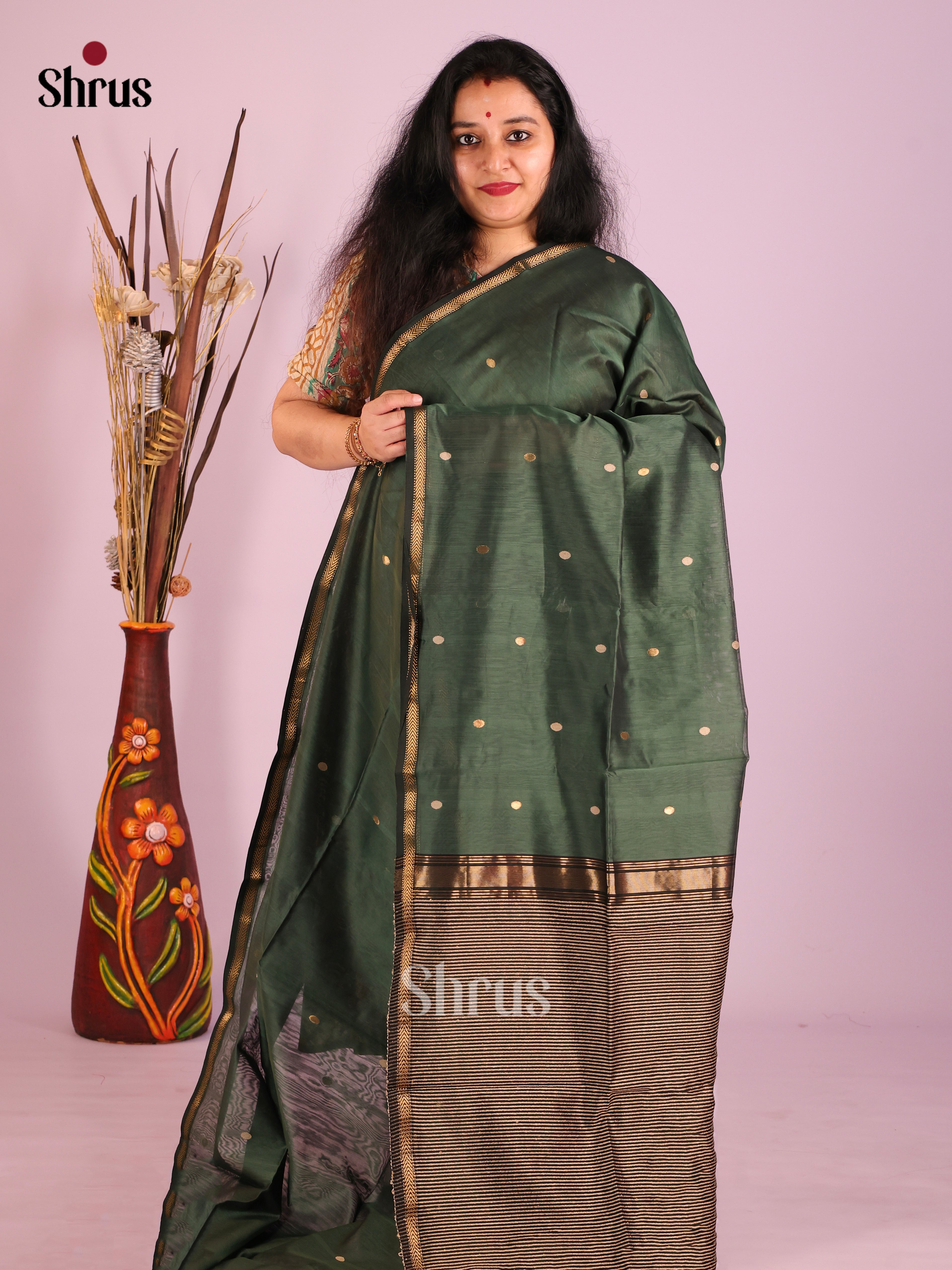 Green(Single tone)- Maheshwari silkcotton Saree - Shop on Shrus.com