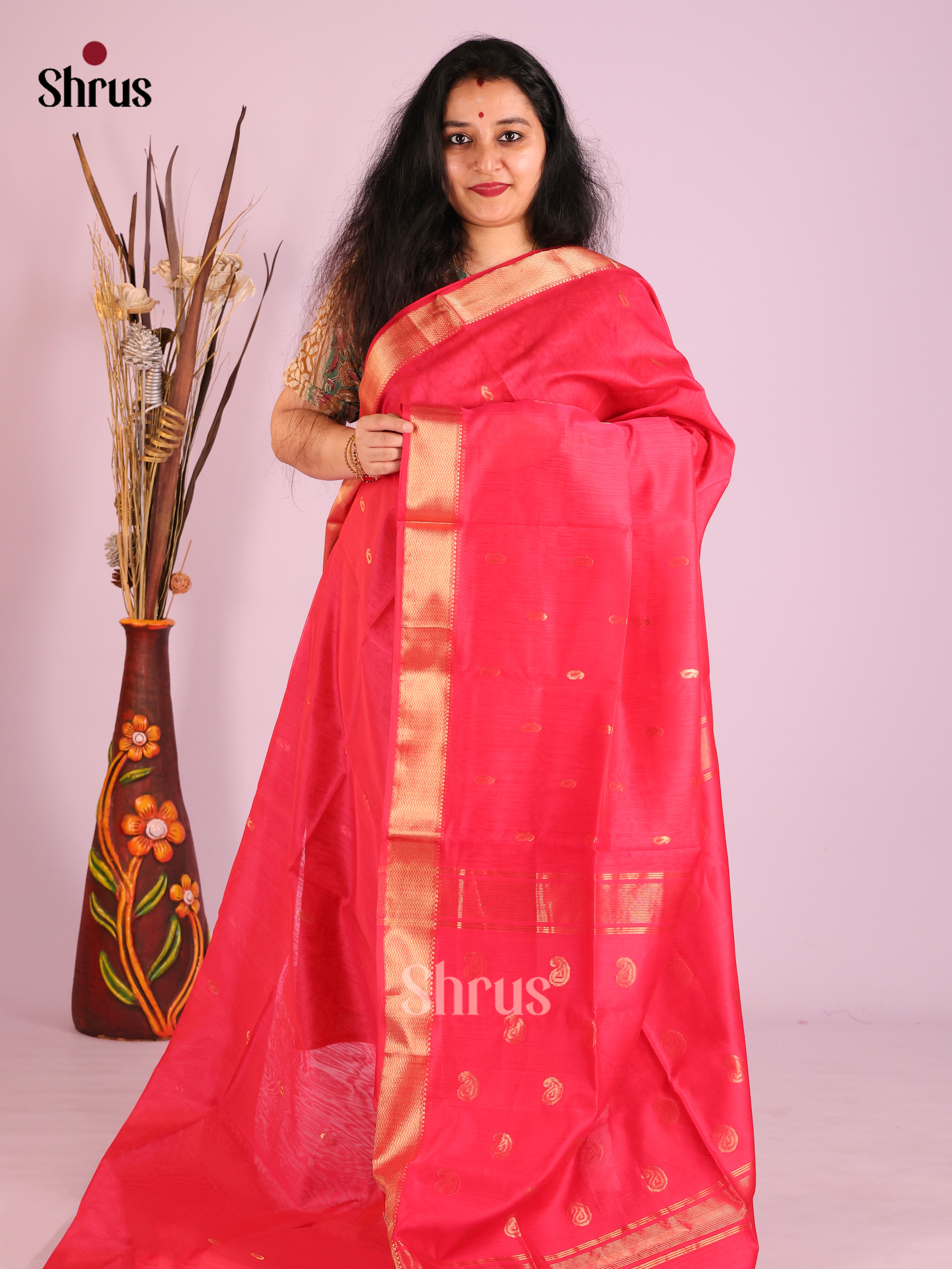 Pink - Maheshwari silkcotton Saree - Shop on Shrus.com