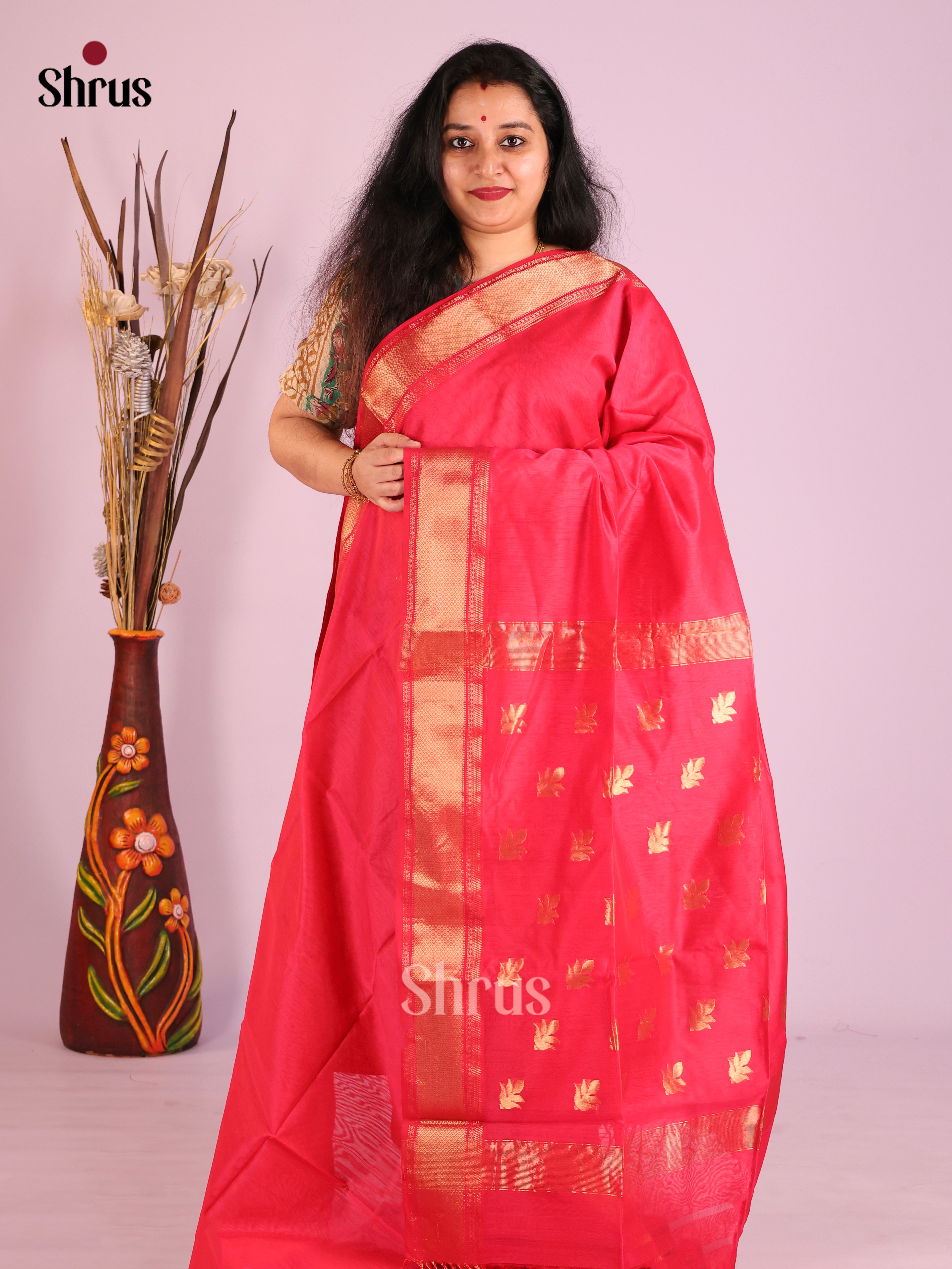 Radiant Pink Maheshwari Cotton Silk Saree With Plain Body & Kaddi Zari Border