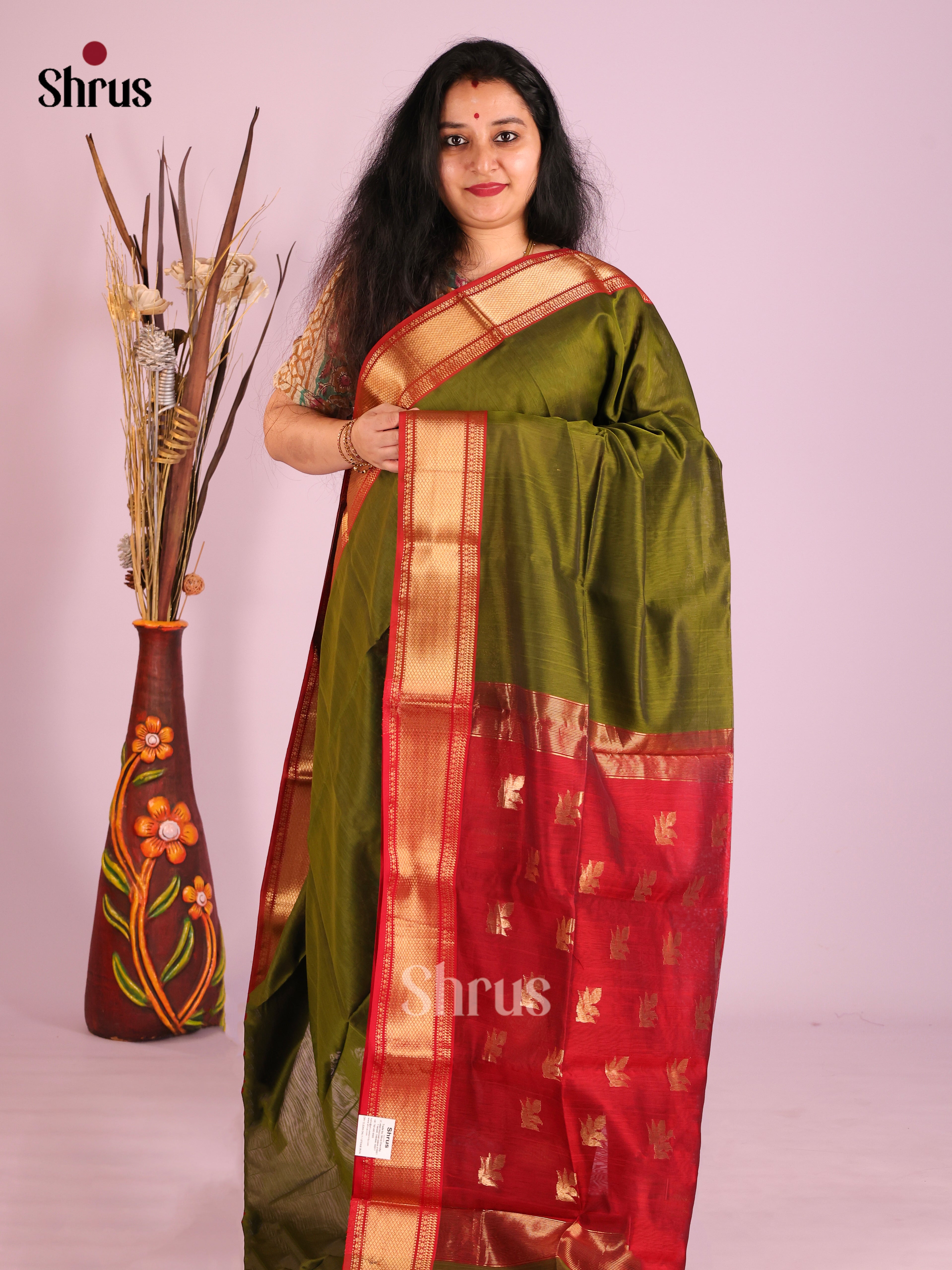 Green & Red - Maheshwari silkcotton Saree - Shop on Shrus.com