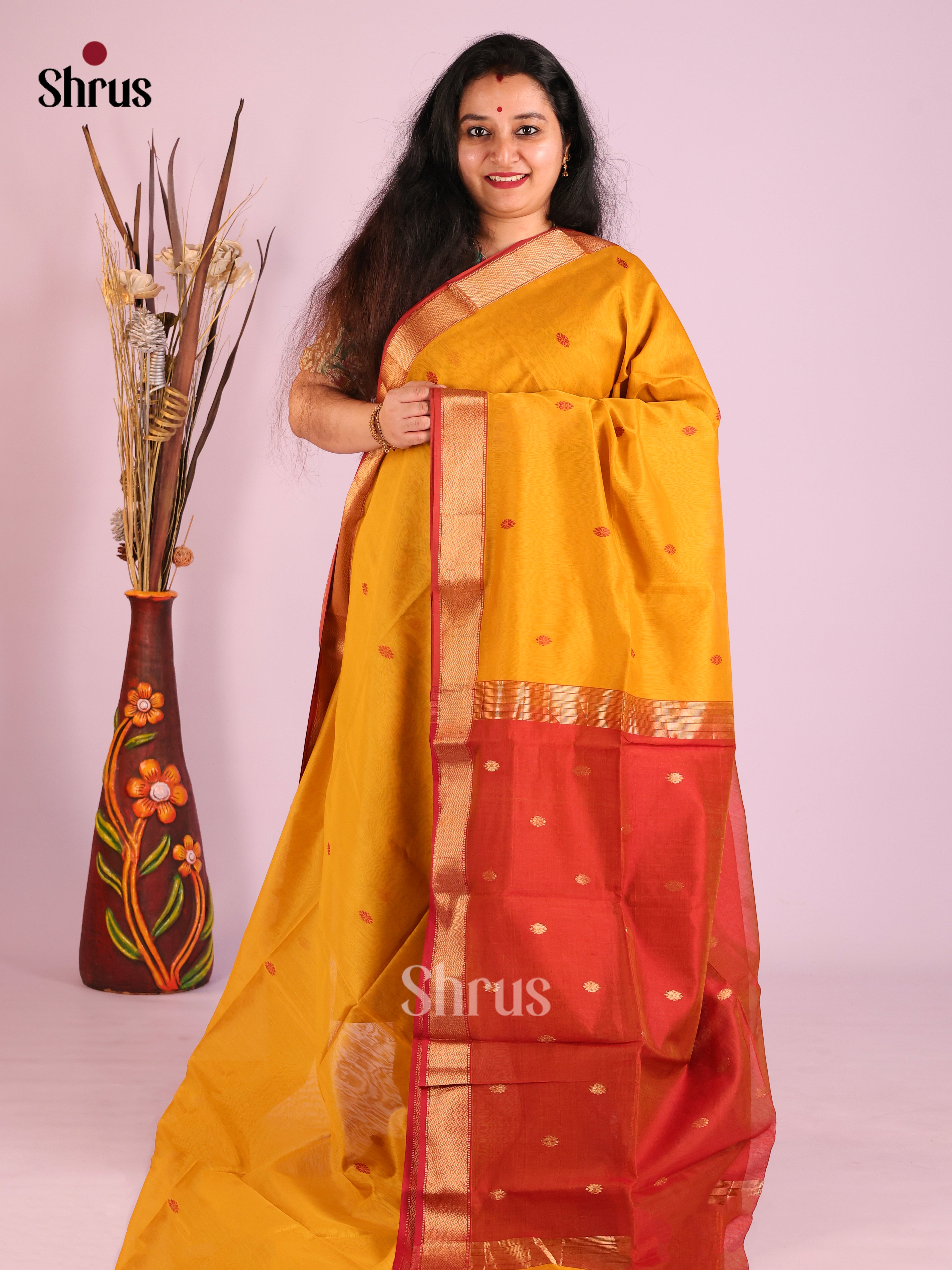 Mustard & Red - Maheshwari silkcotton Saree