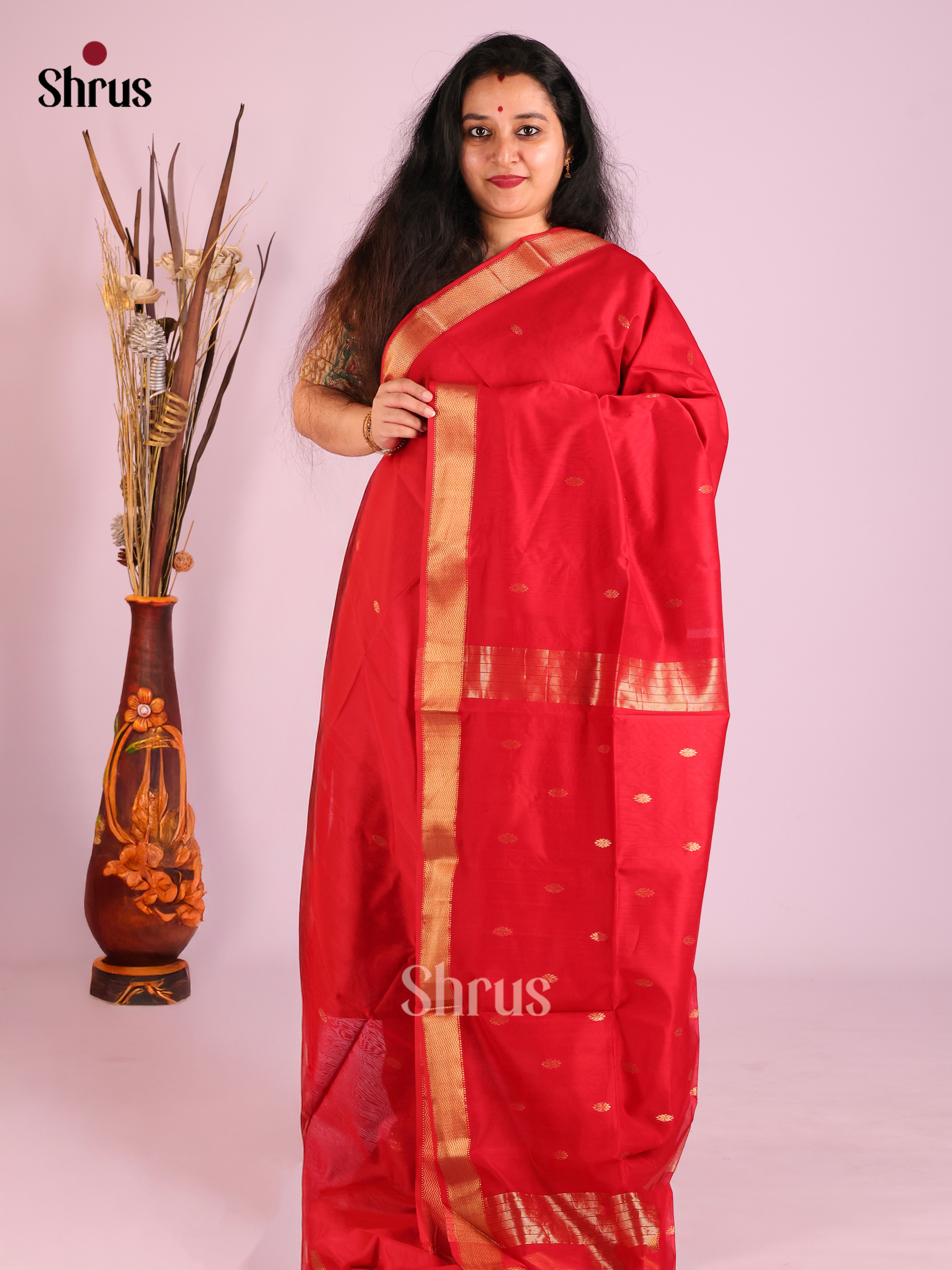 Red(Single Tone) - Maheshwari silkcotton Saree