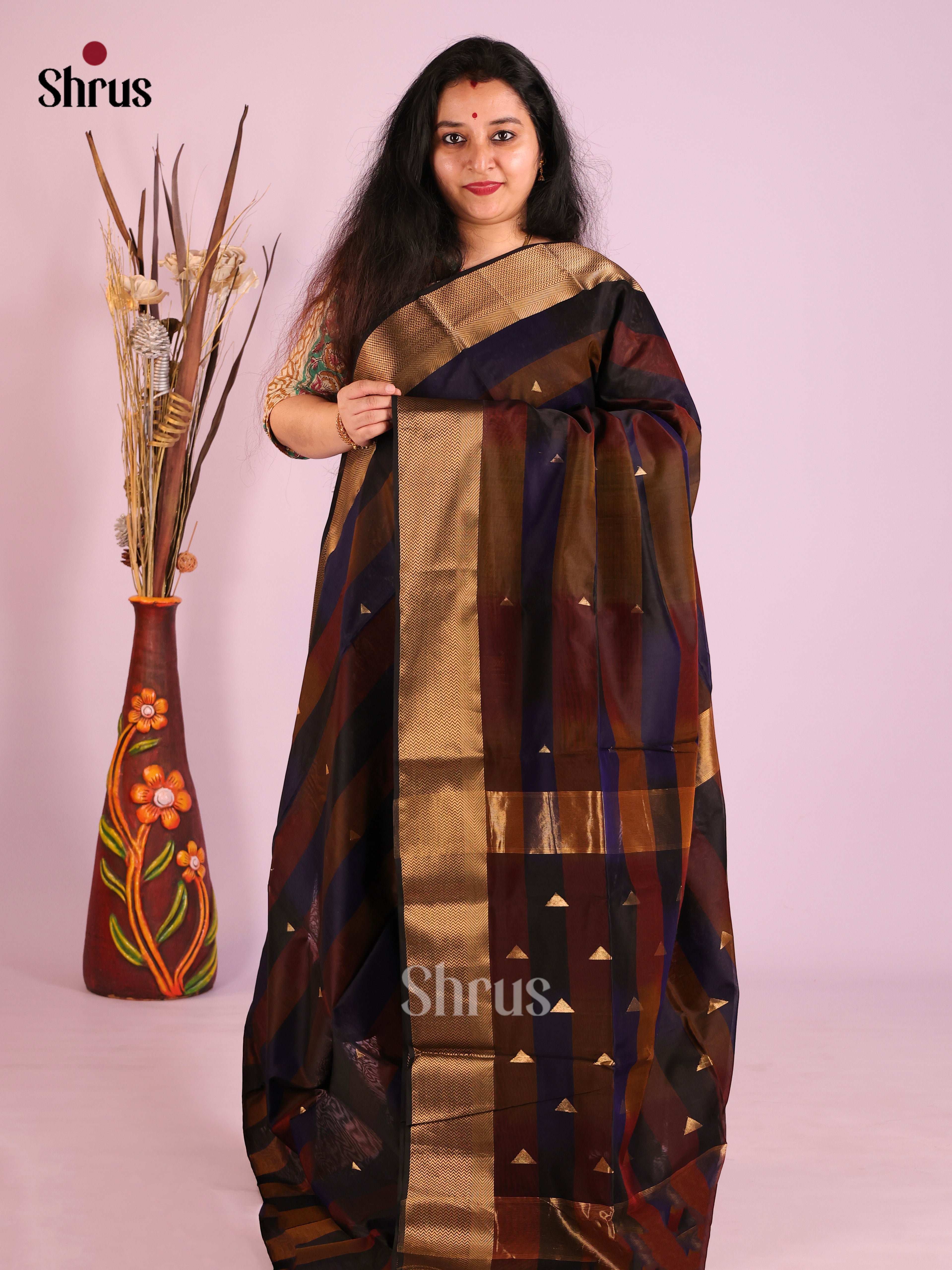 Brown & Blue- Maheshwari silkcotton Saree