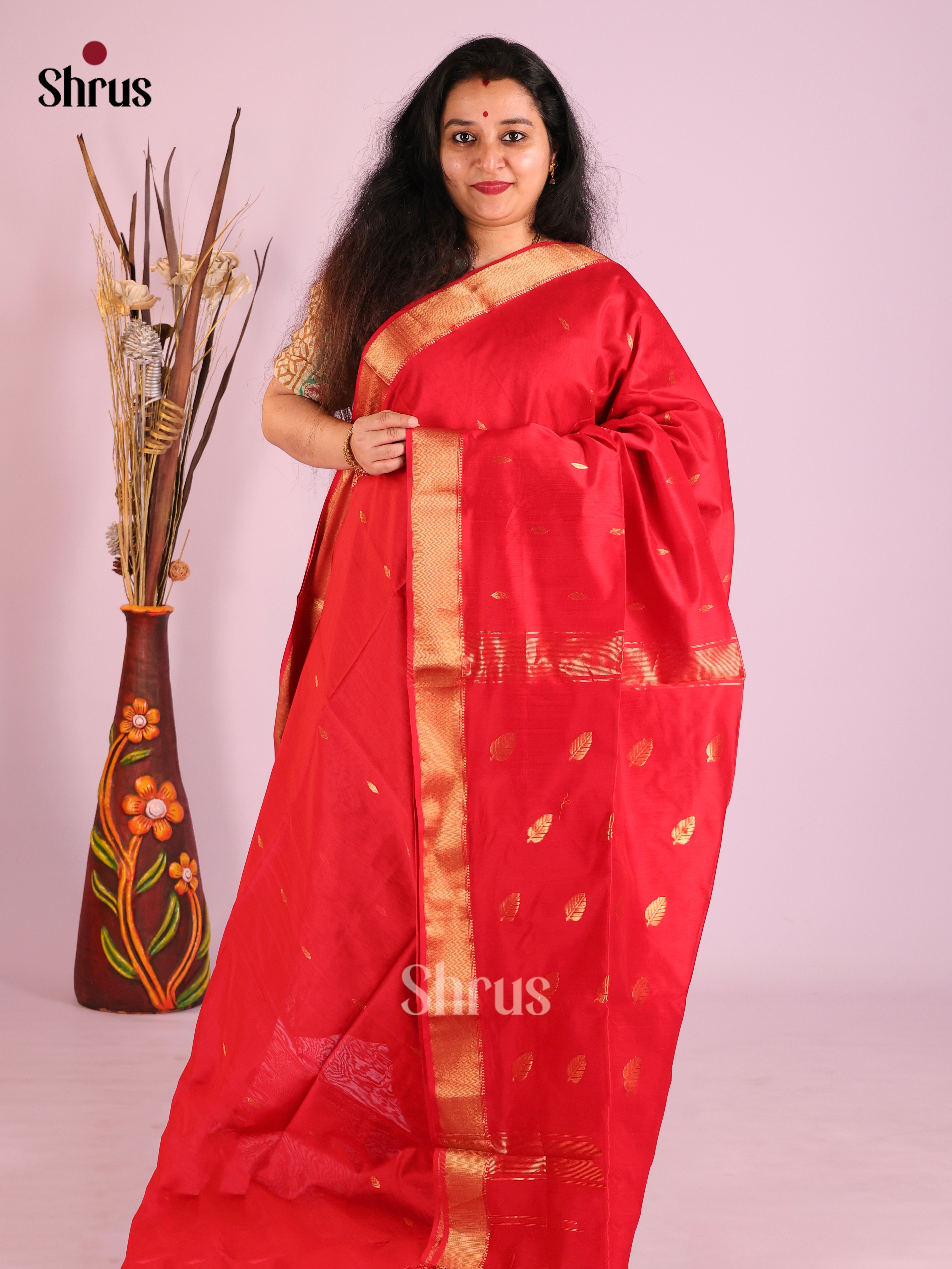 Red(Single Tone) - Maheshwari silkcotton Saree