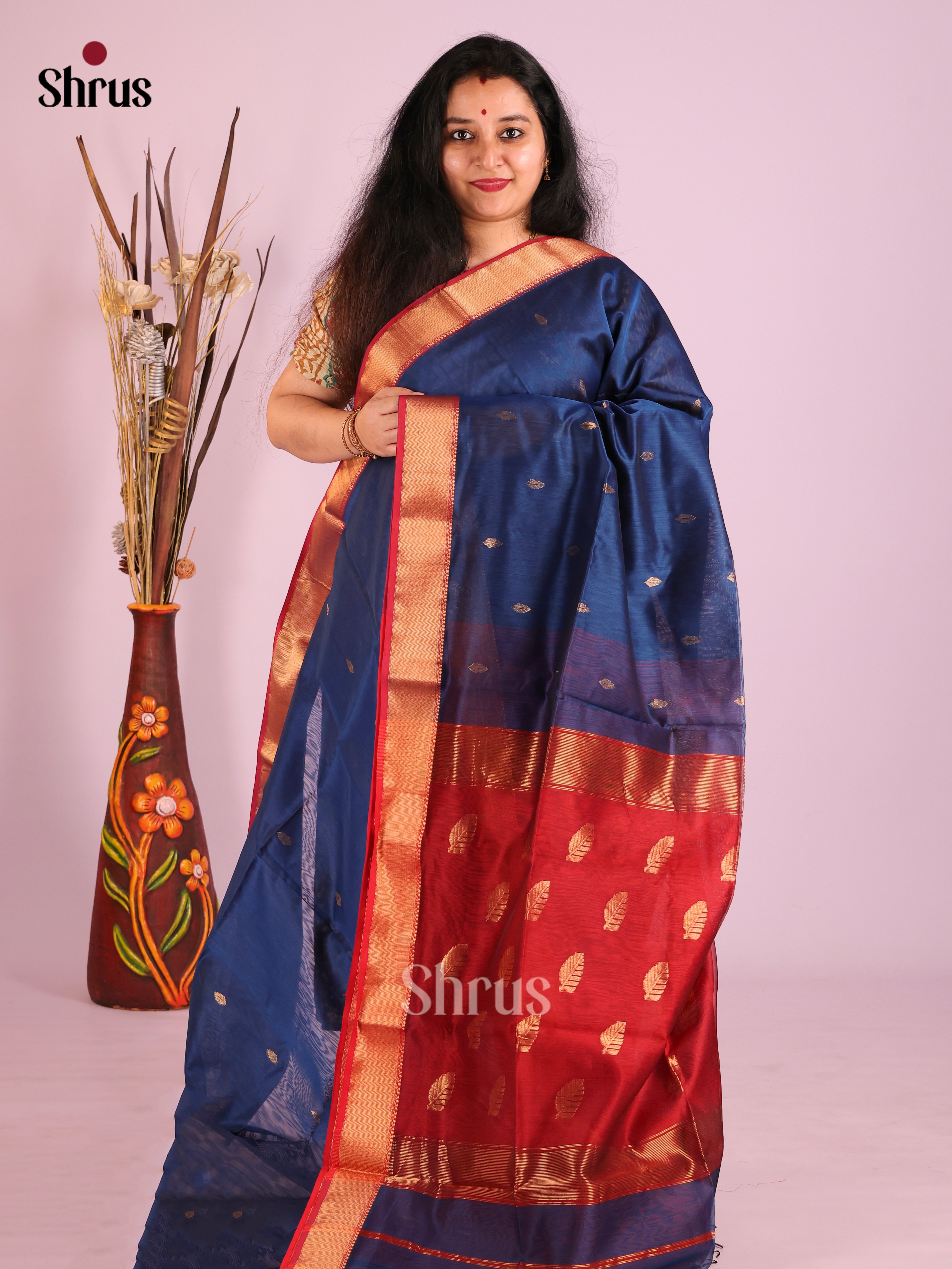 Blue & Red - Maheshwari silkcotton Saree