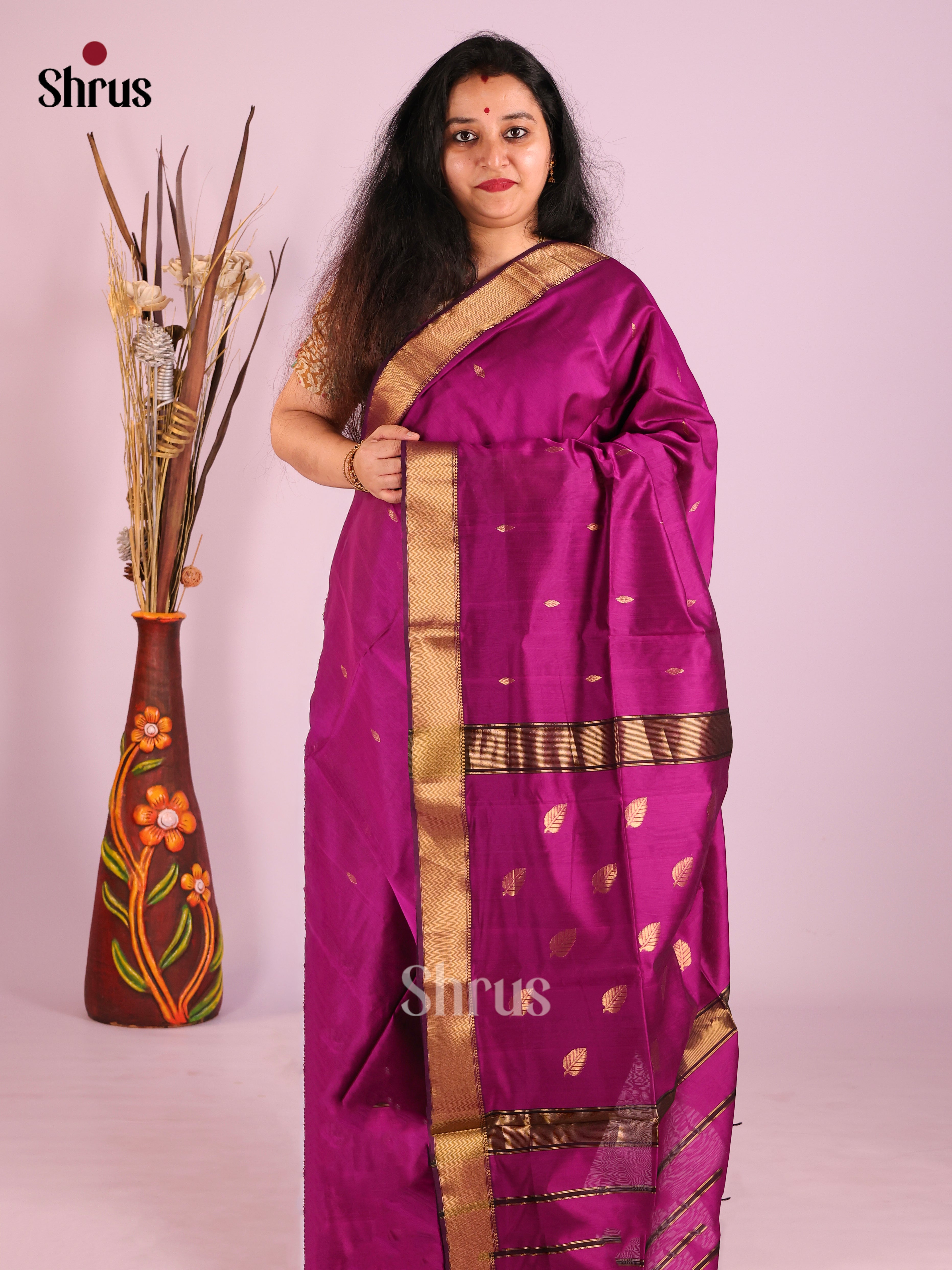 Purple - Maheshwari silkcotton Saree - Shop on Shrus.com