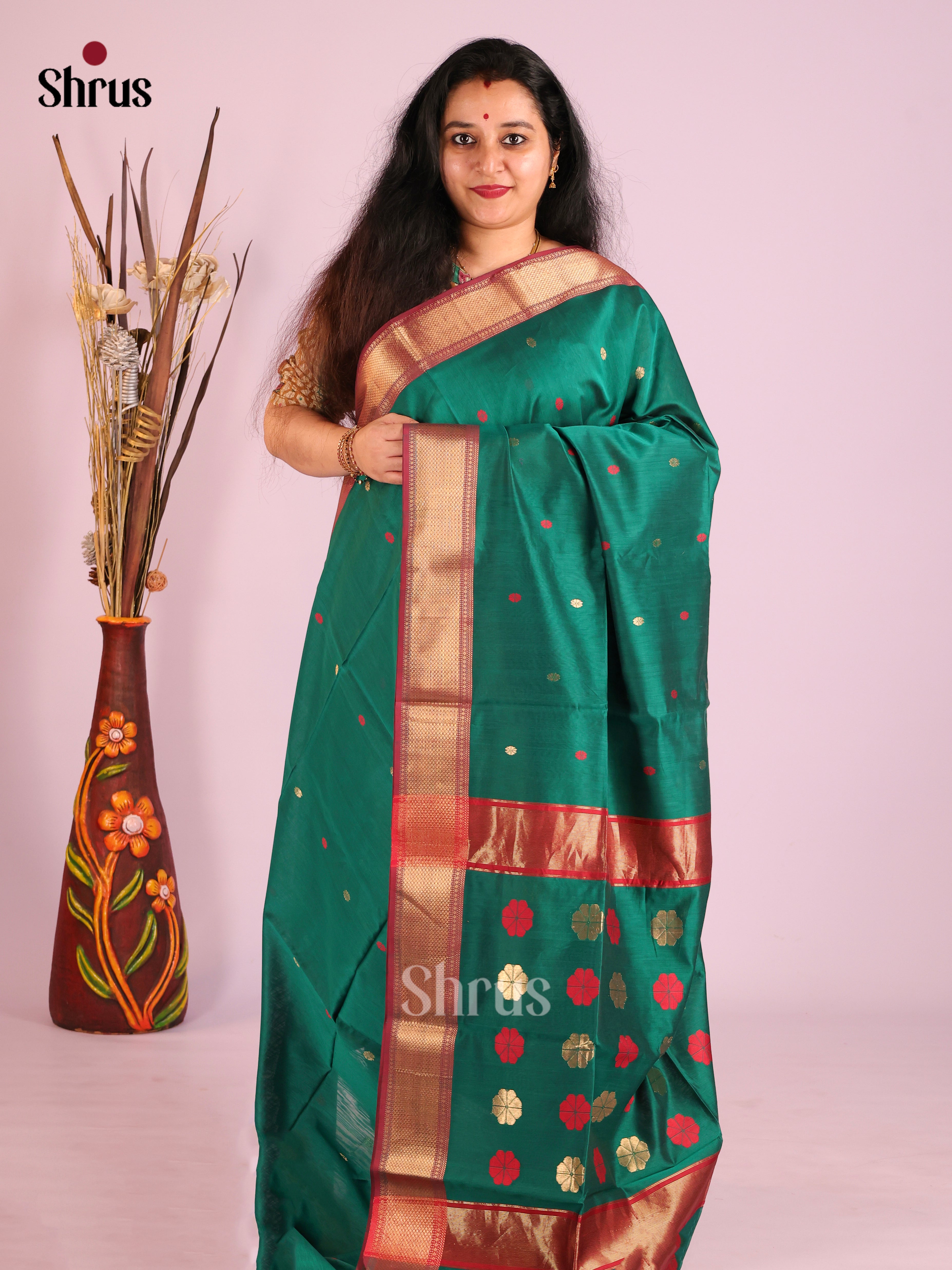 Green & Maroon - Maheshwari silkcotton Saree - Shop on Shrus.com