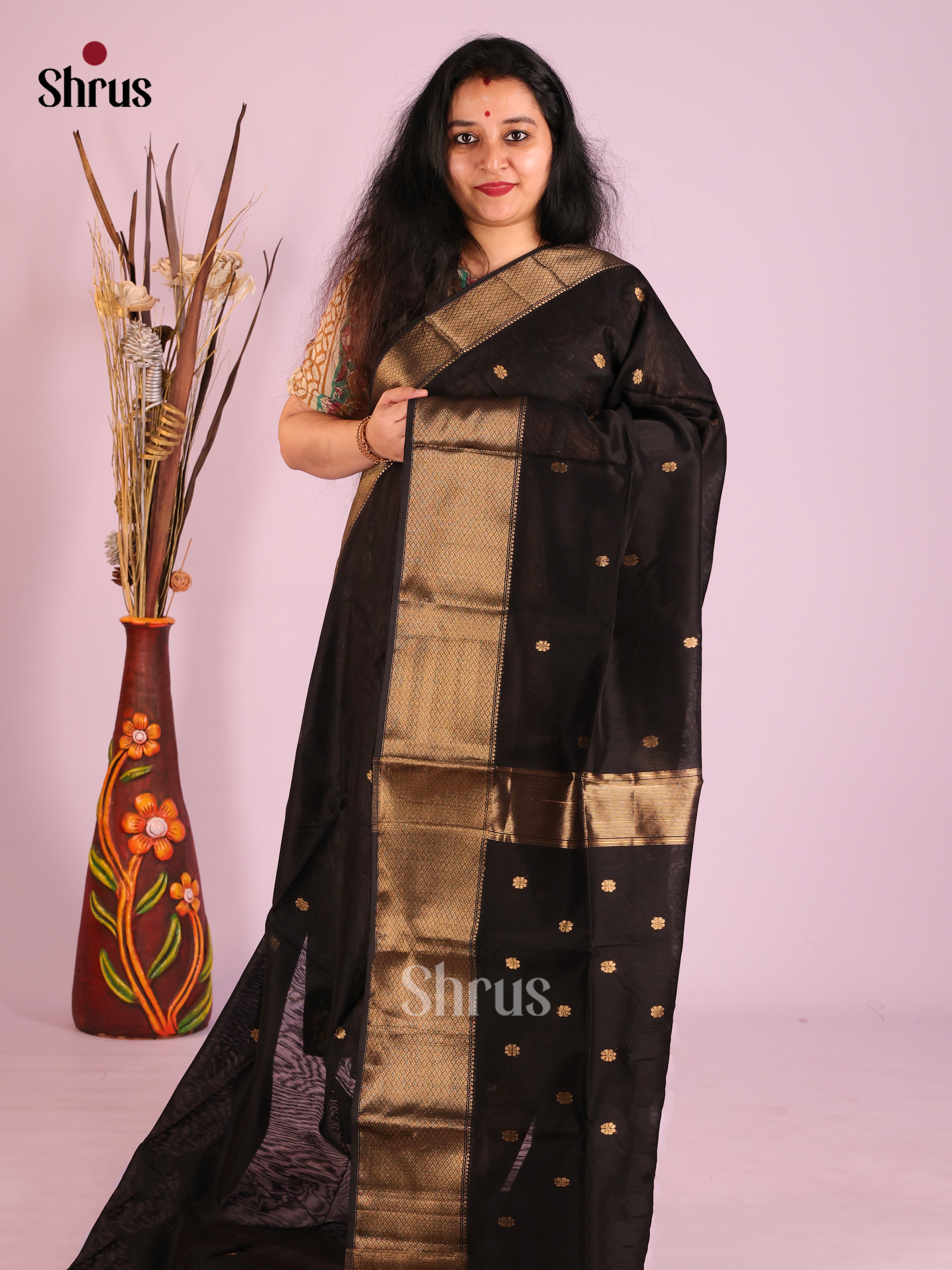 Charming Black Maheshwari Cotton Silk Saree with Gold Buttas & Kaddi Zari Border