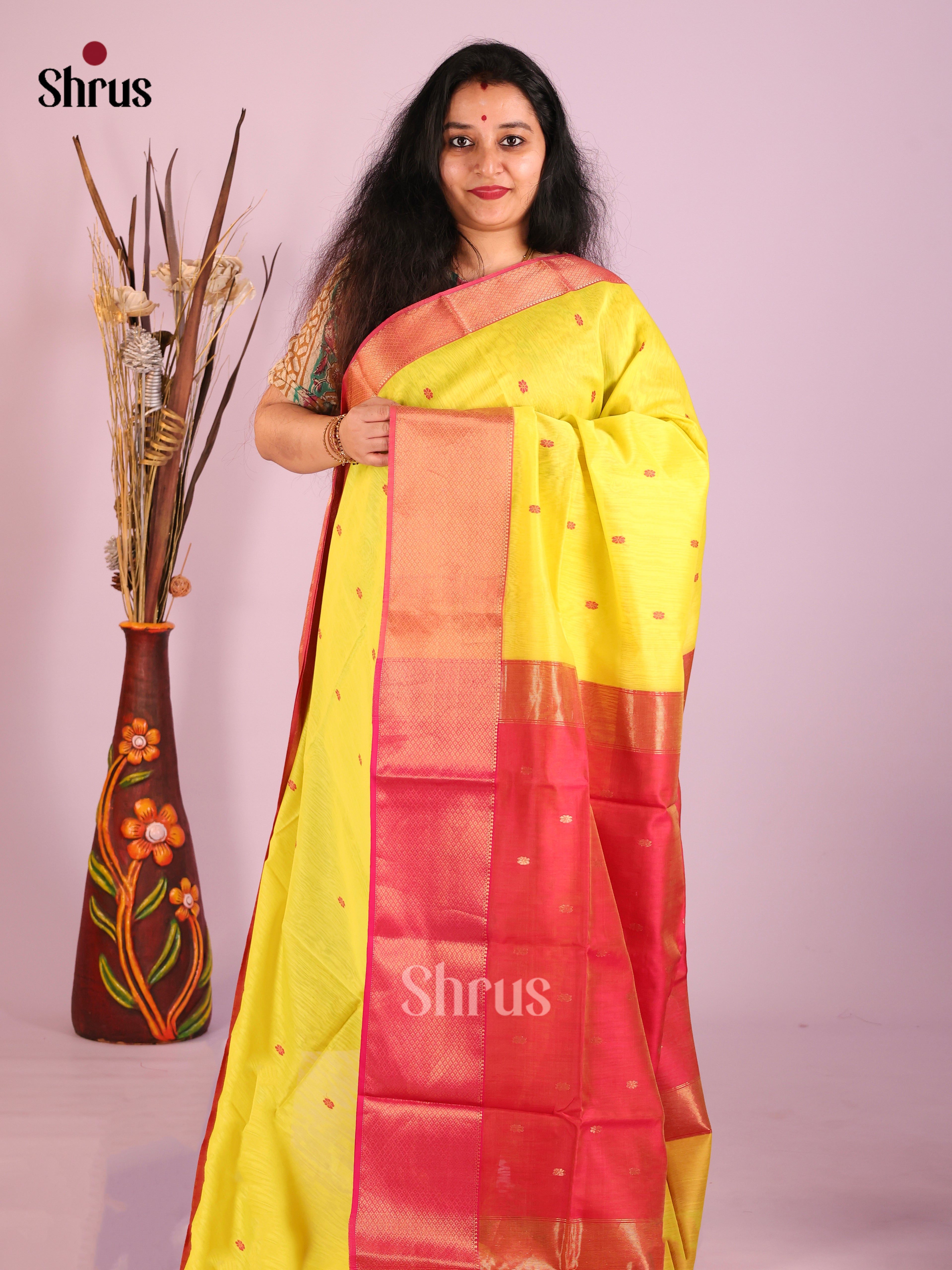 Pretty Yellow Maheshwari Cotton Silk Saree With Thread Buttas & Zari Woven Border