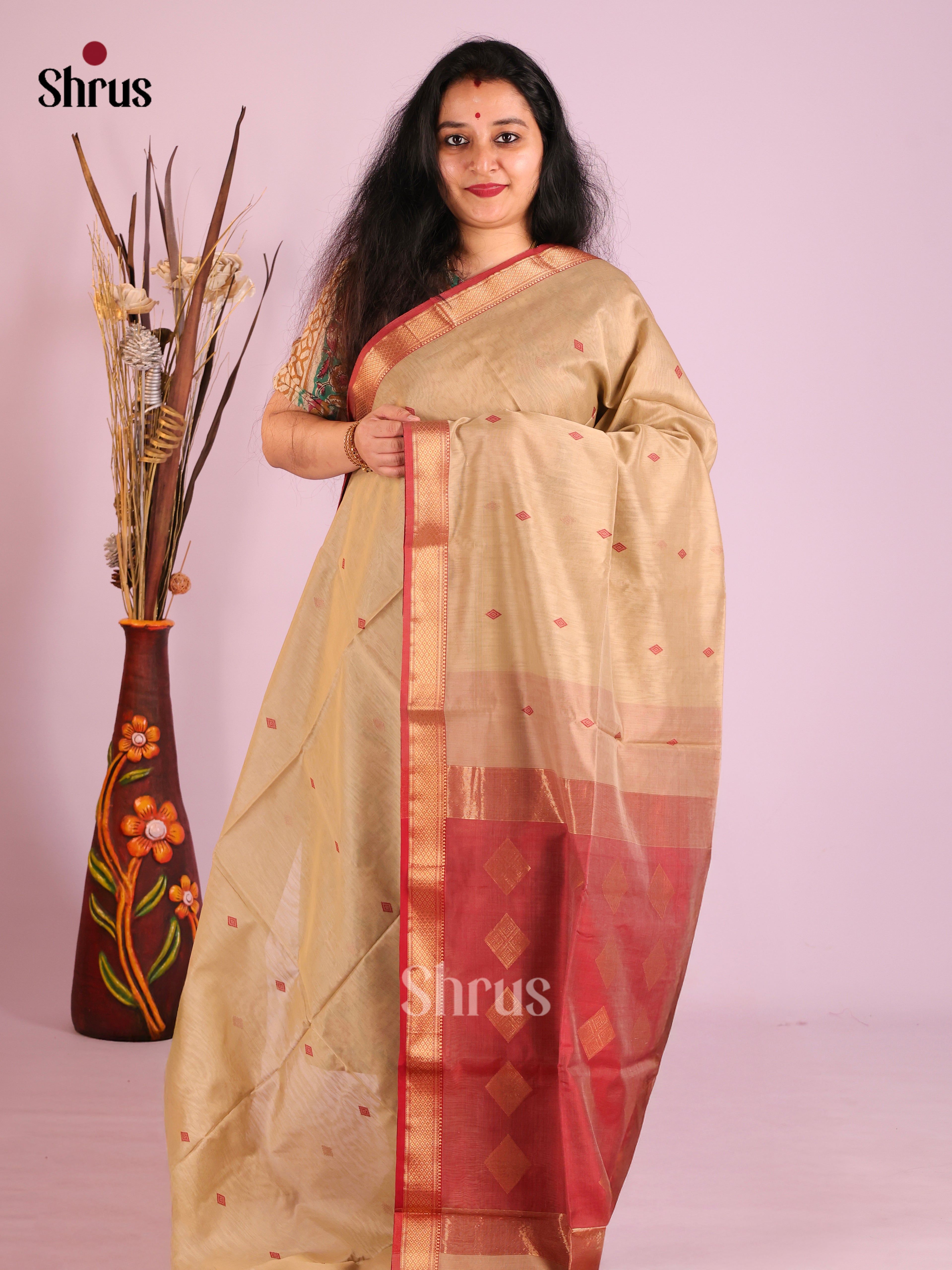 Grey & Maroon- Maheshwari silkcotton Saree - Shop on Shrus.com