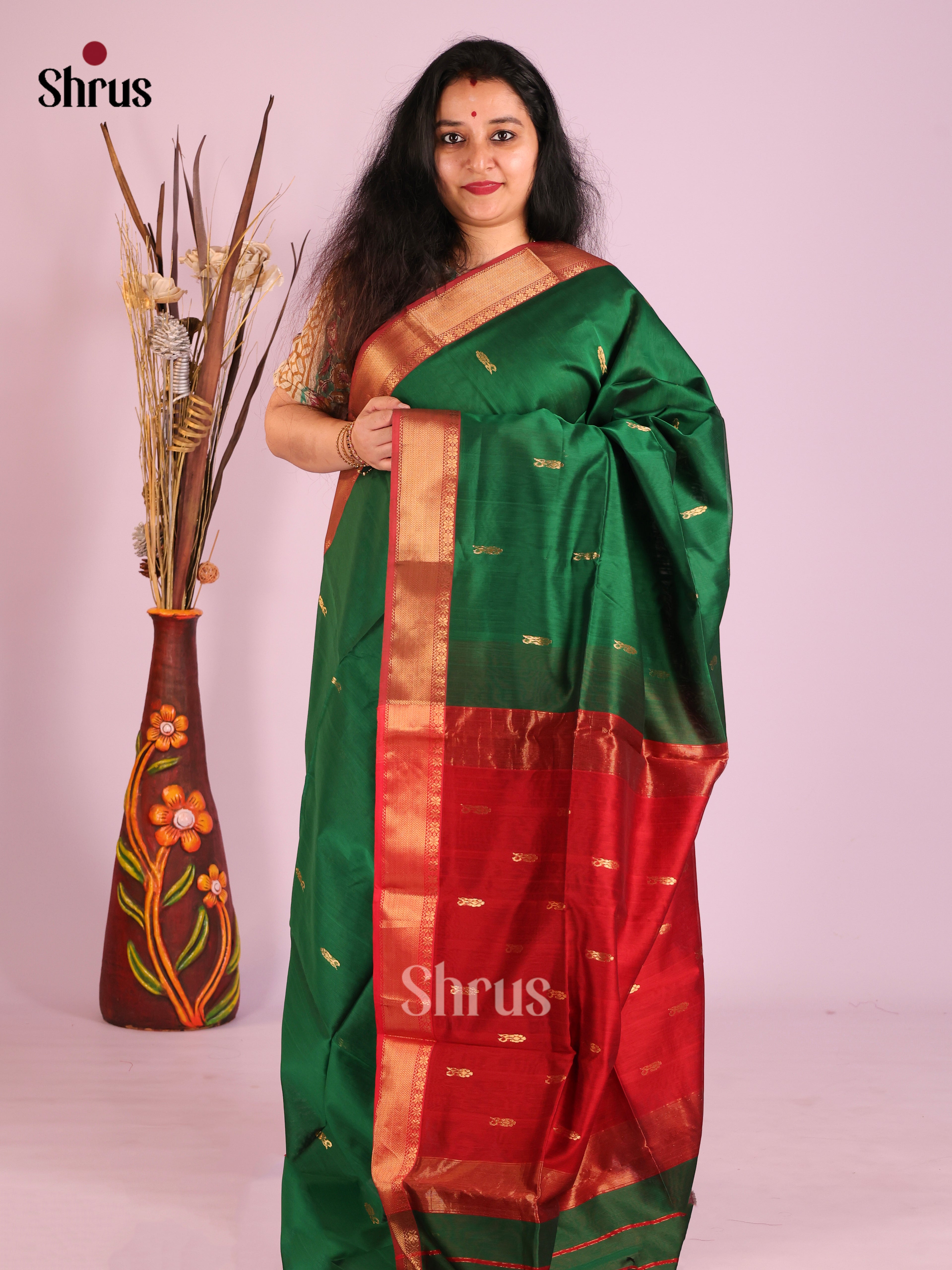 Green & Red - Maheshwari silkcotton Saree