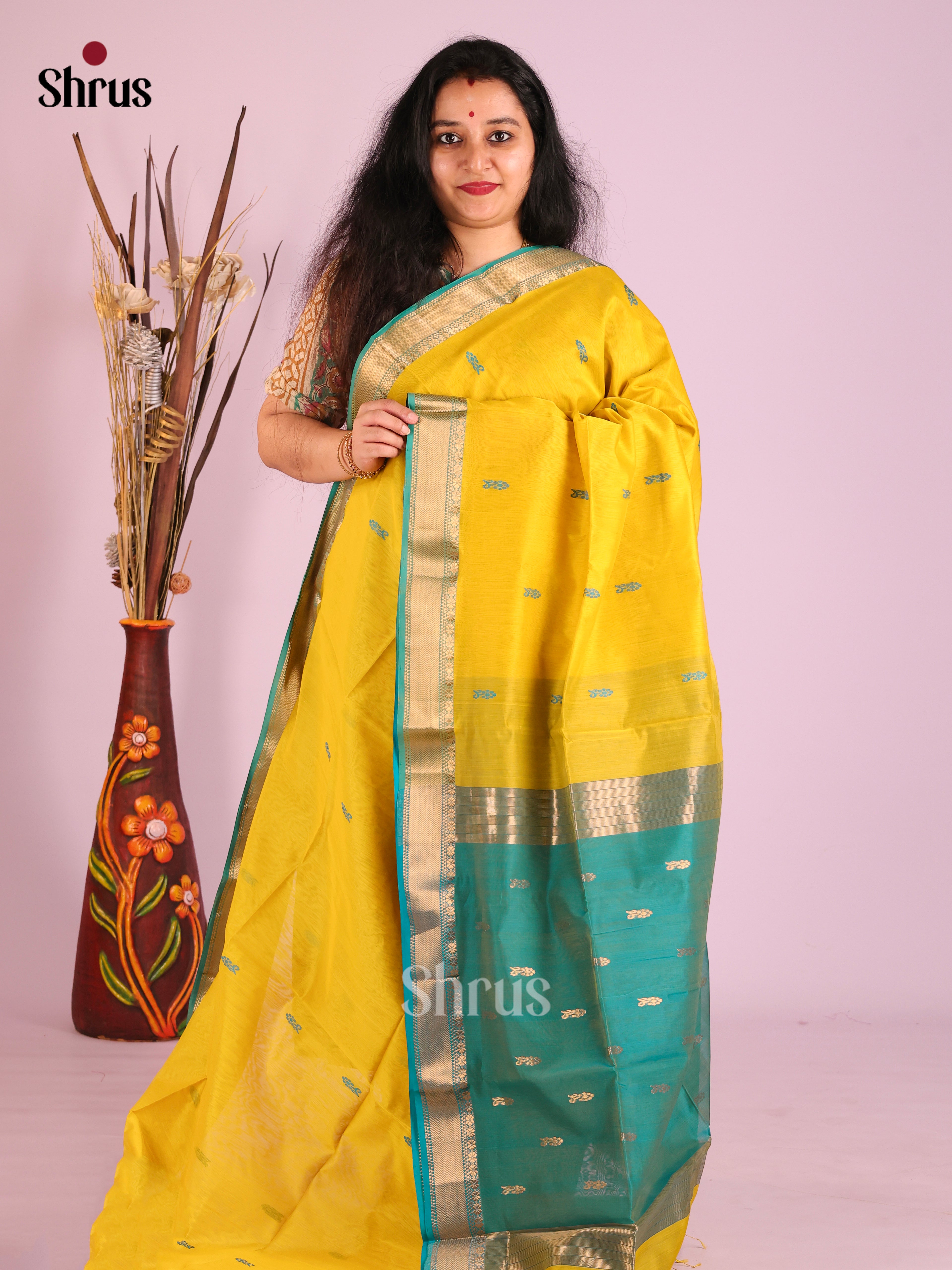 Yellow & Green - Maheshwari silkcotton Saree