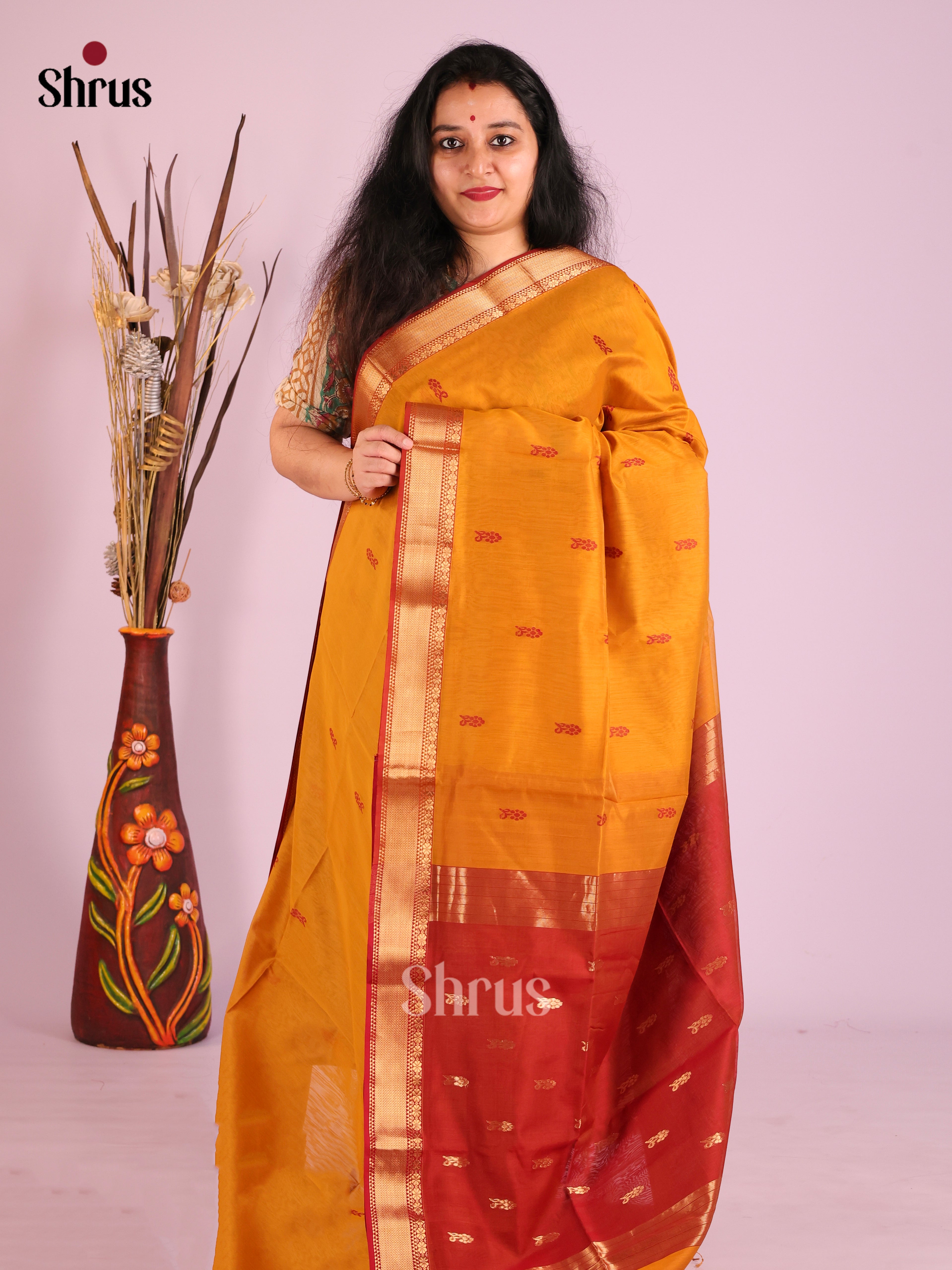 Mustard & Red- Maheshwari silkcotton Saree