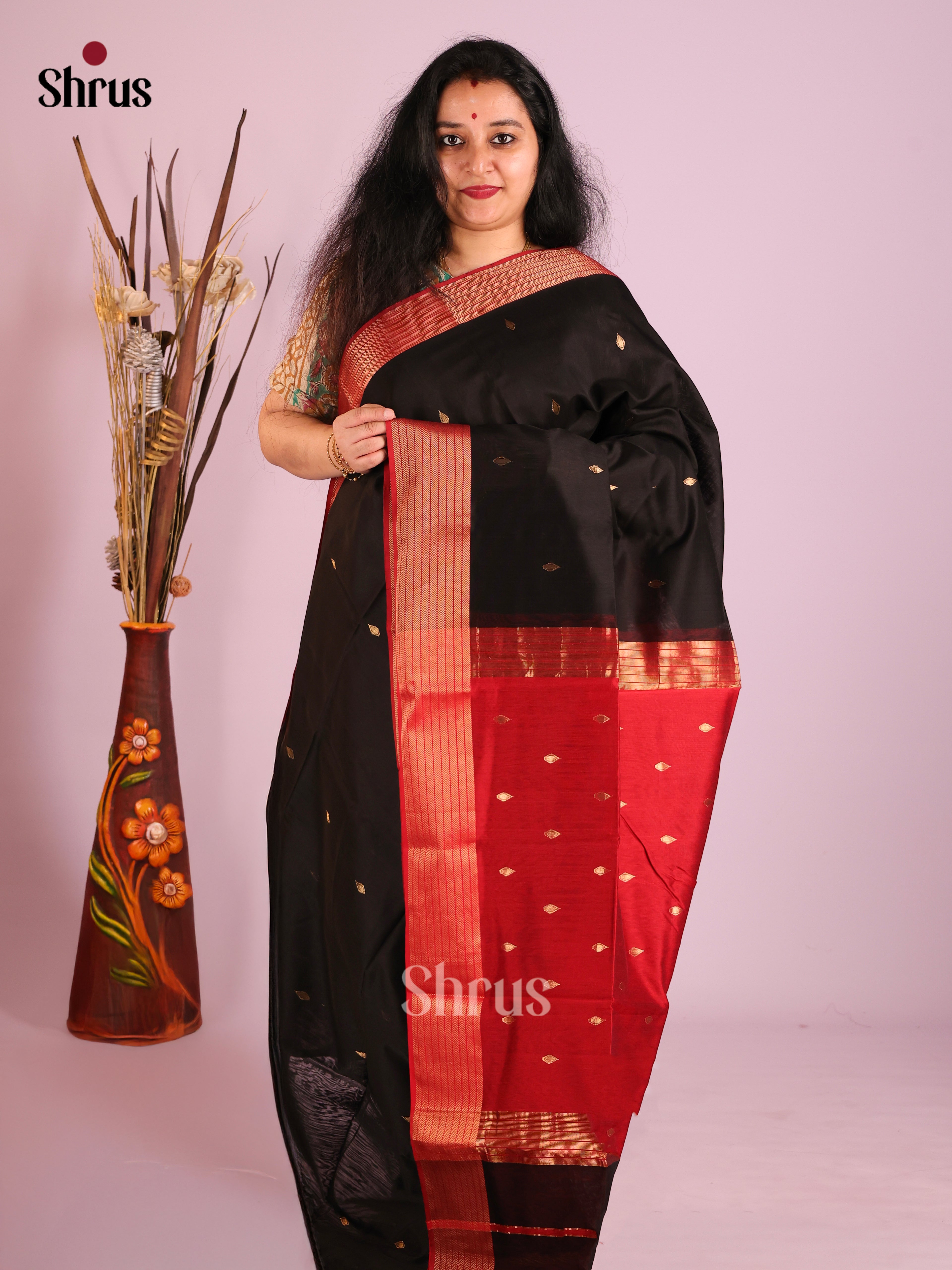 Mystique Black Maheshwari Cotton Silk Saree with Gold Buttas & Red Zari Border