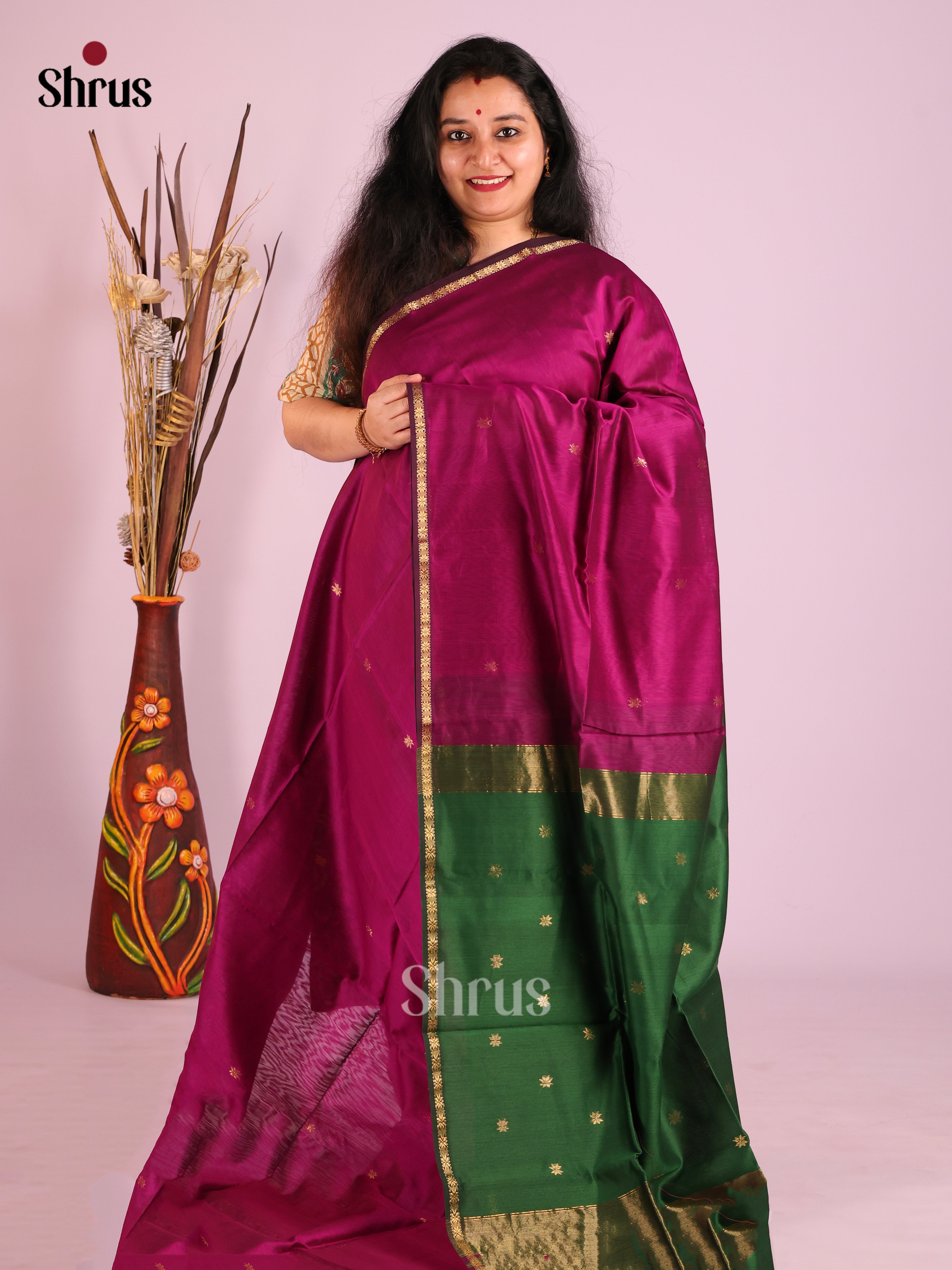 Wine & Green - Maheshwari silkcotton Saree