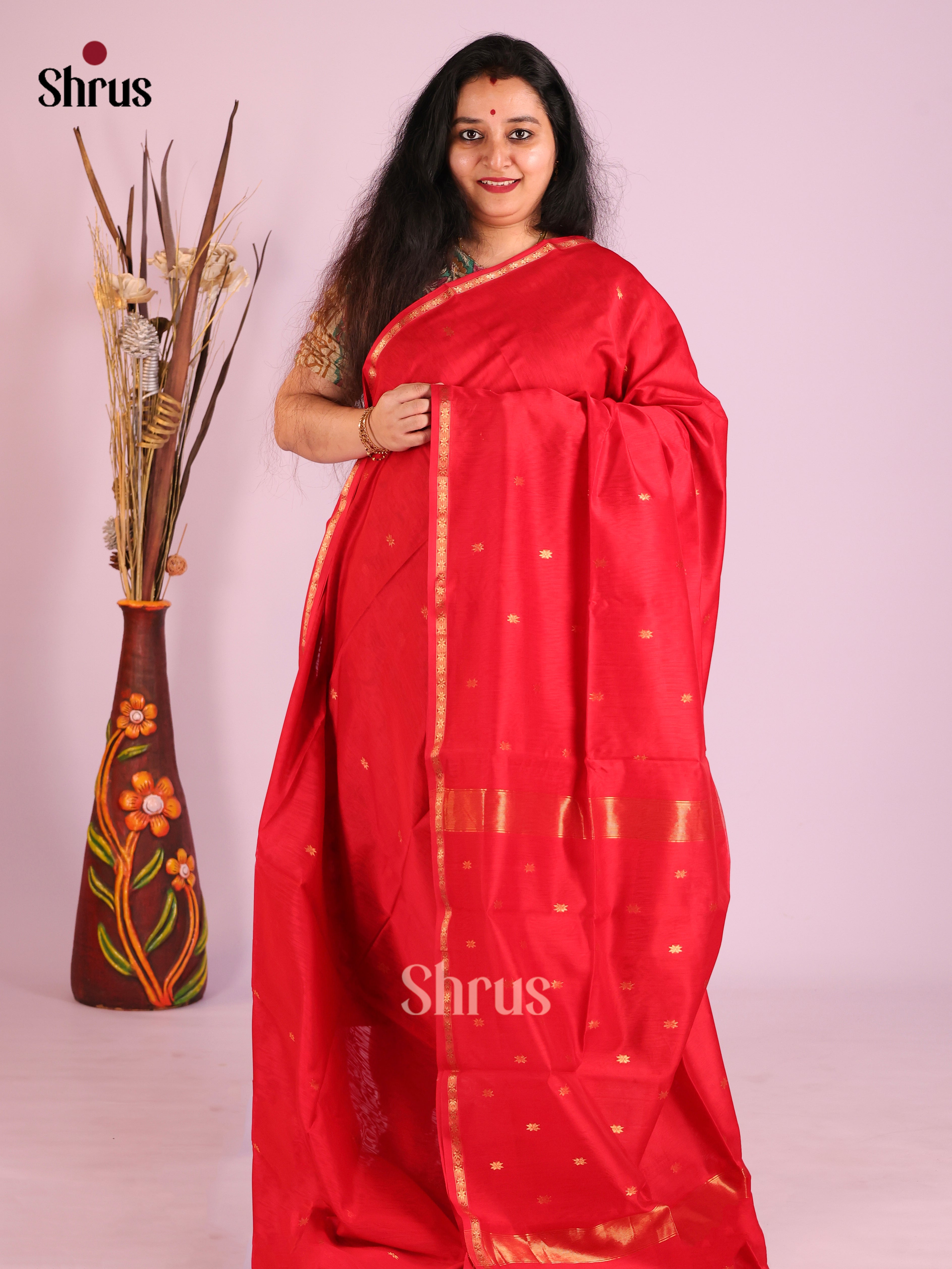 Red - Maheshwari silkcotton Saree