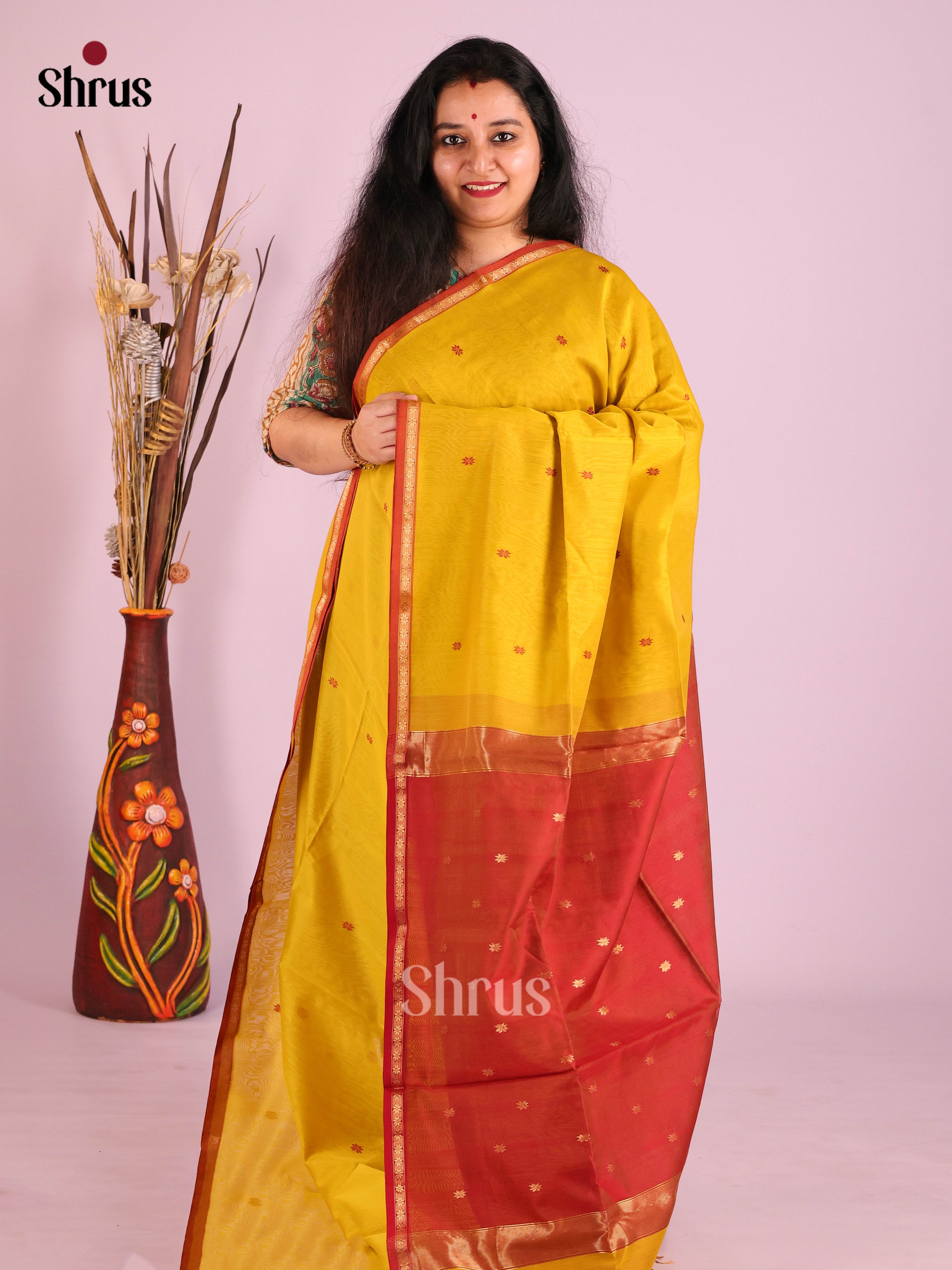 Mustard & Red - Maheshwari silkcotton Saree - Shop on Shrus.com