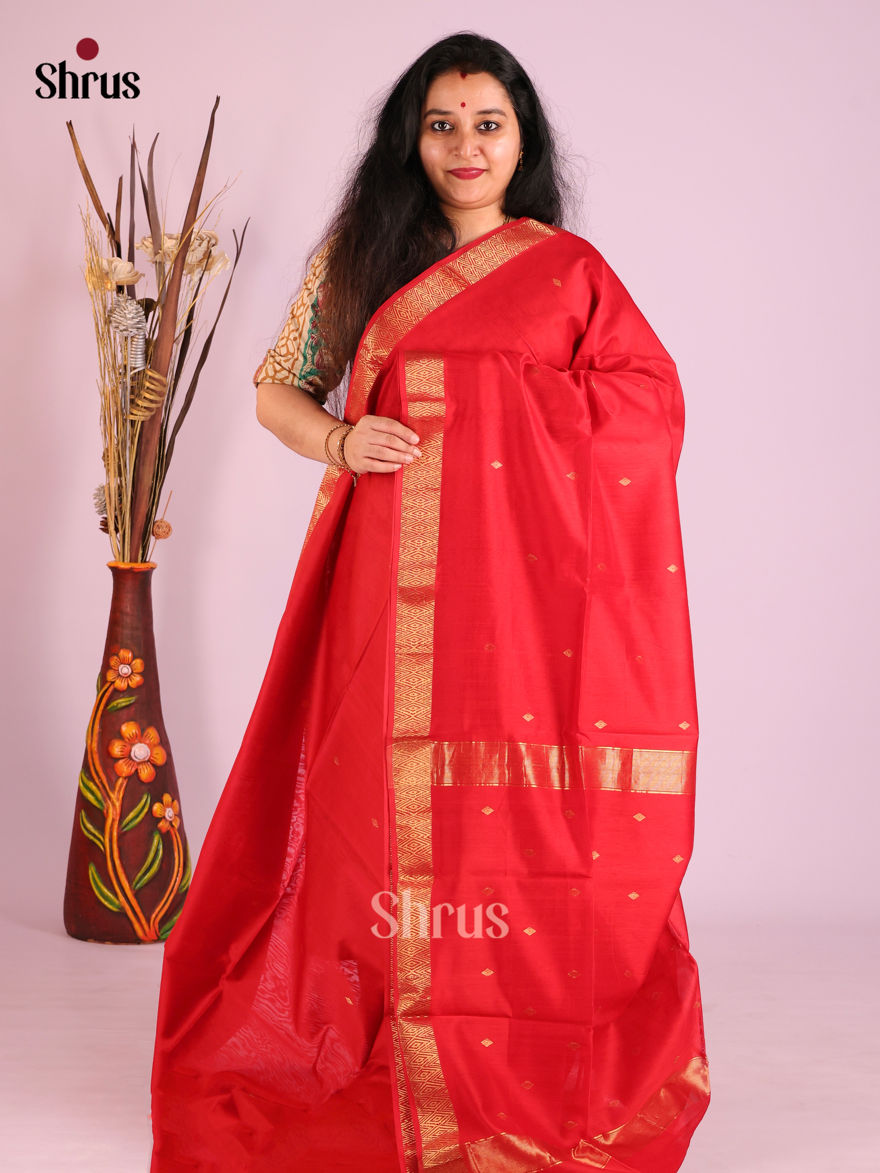Red(Single Tone) - Maheshwari silkcotton Saree