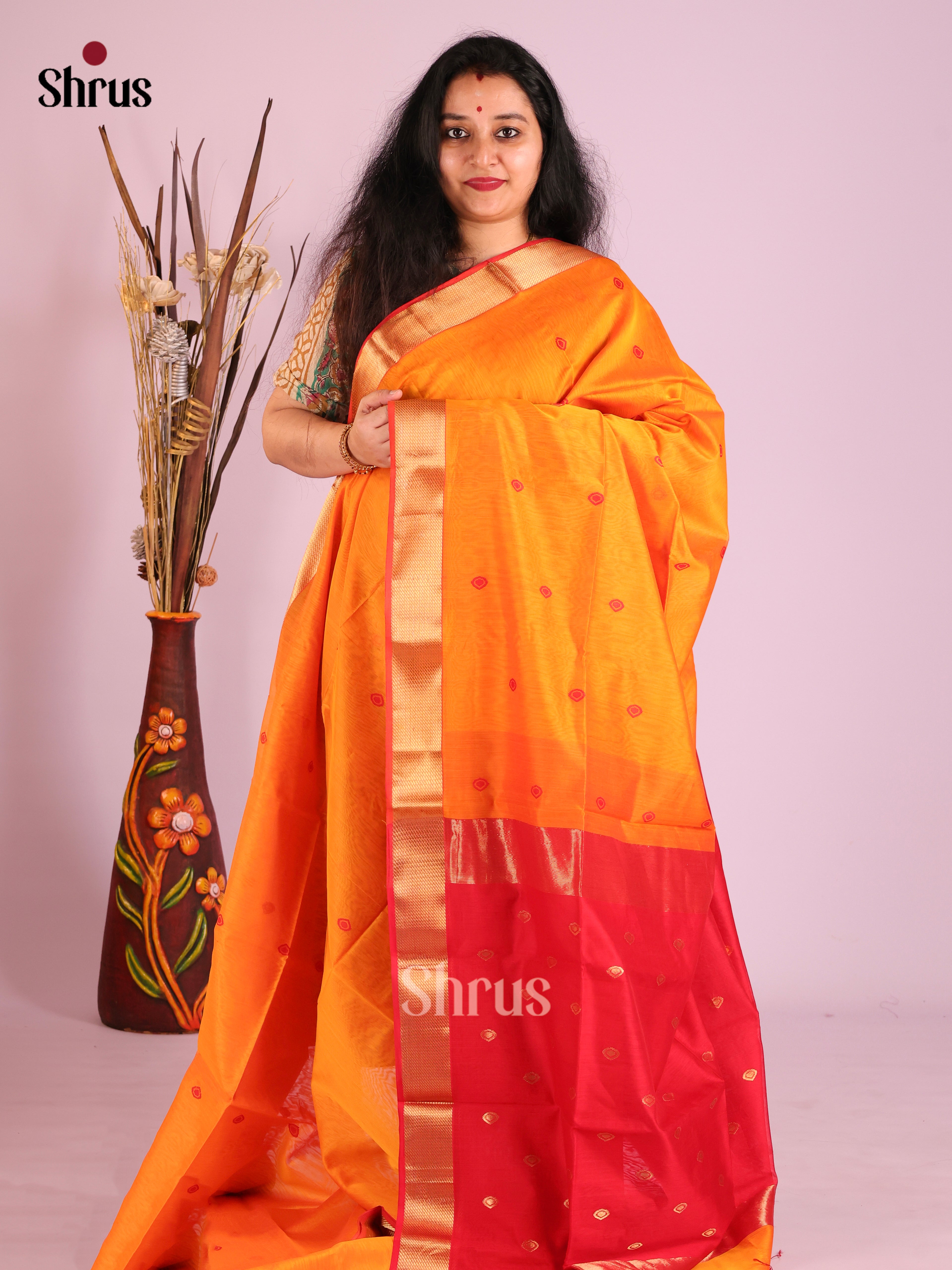 Mango Yellow & Red- Maheshwari silkcotton Saree - Shop on Shrus.com