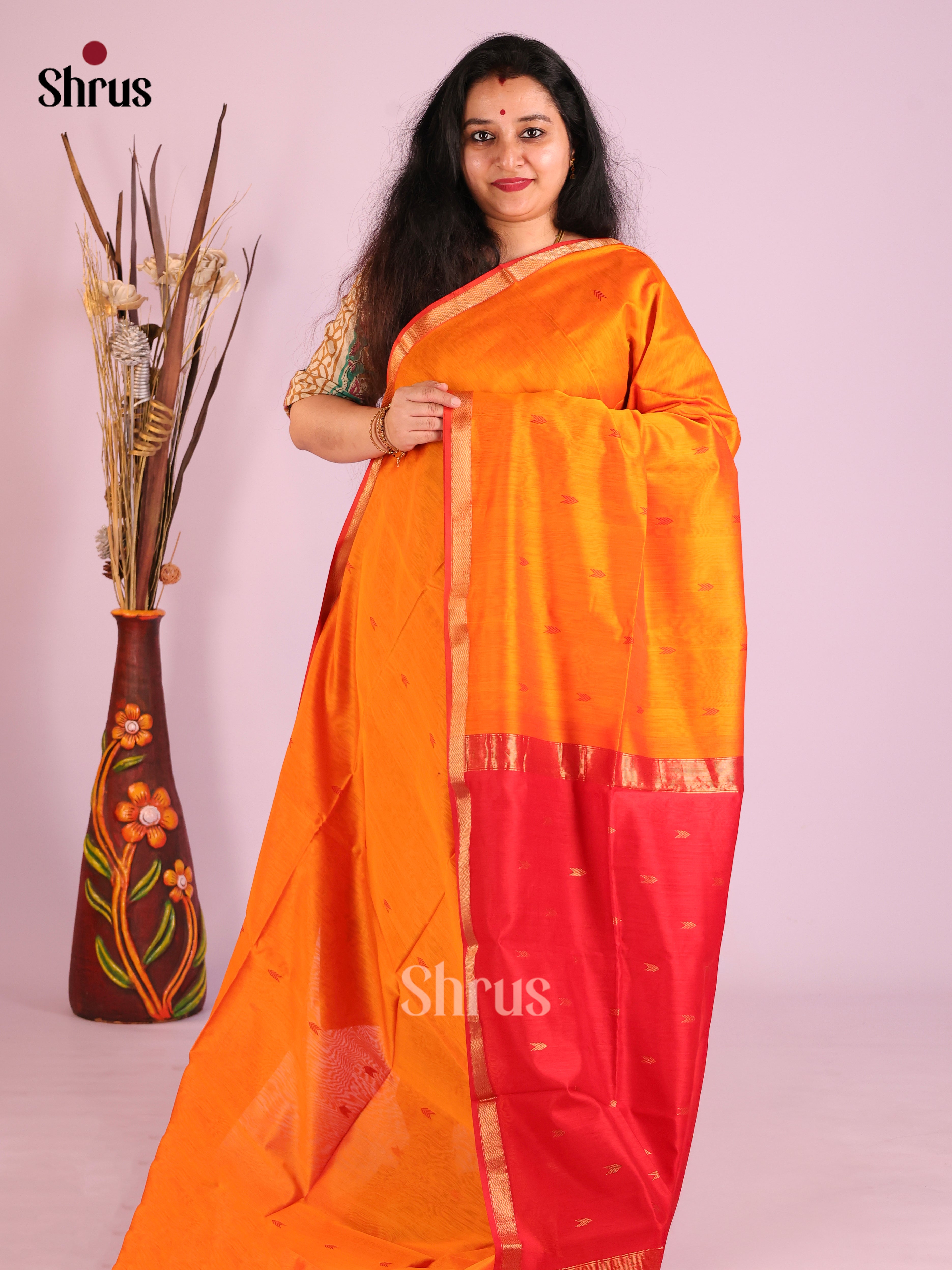 Mango Yellow & Red - Maheshwari silkcotton Saree - Shop on Shrus.com