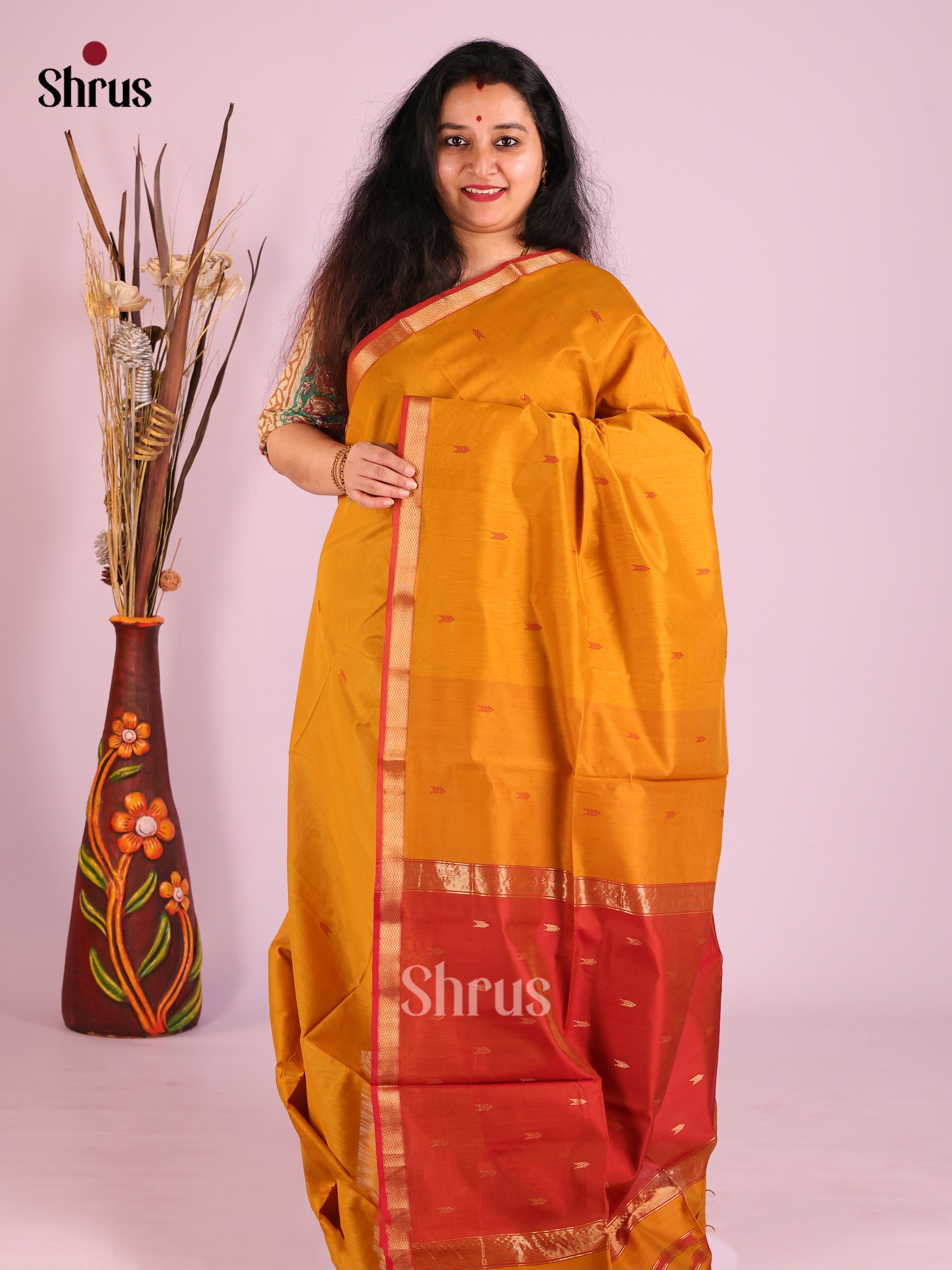 Mustard & Red- Maheshwari silkcotton Saree - Shop on Shrus.com