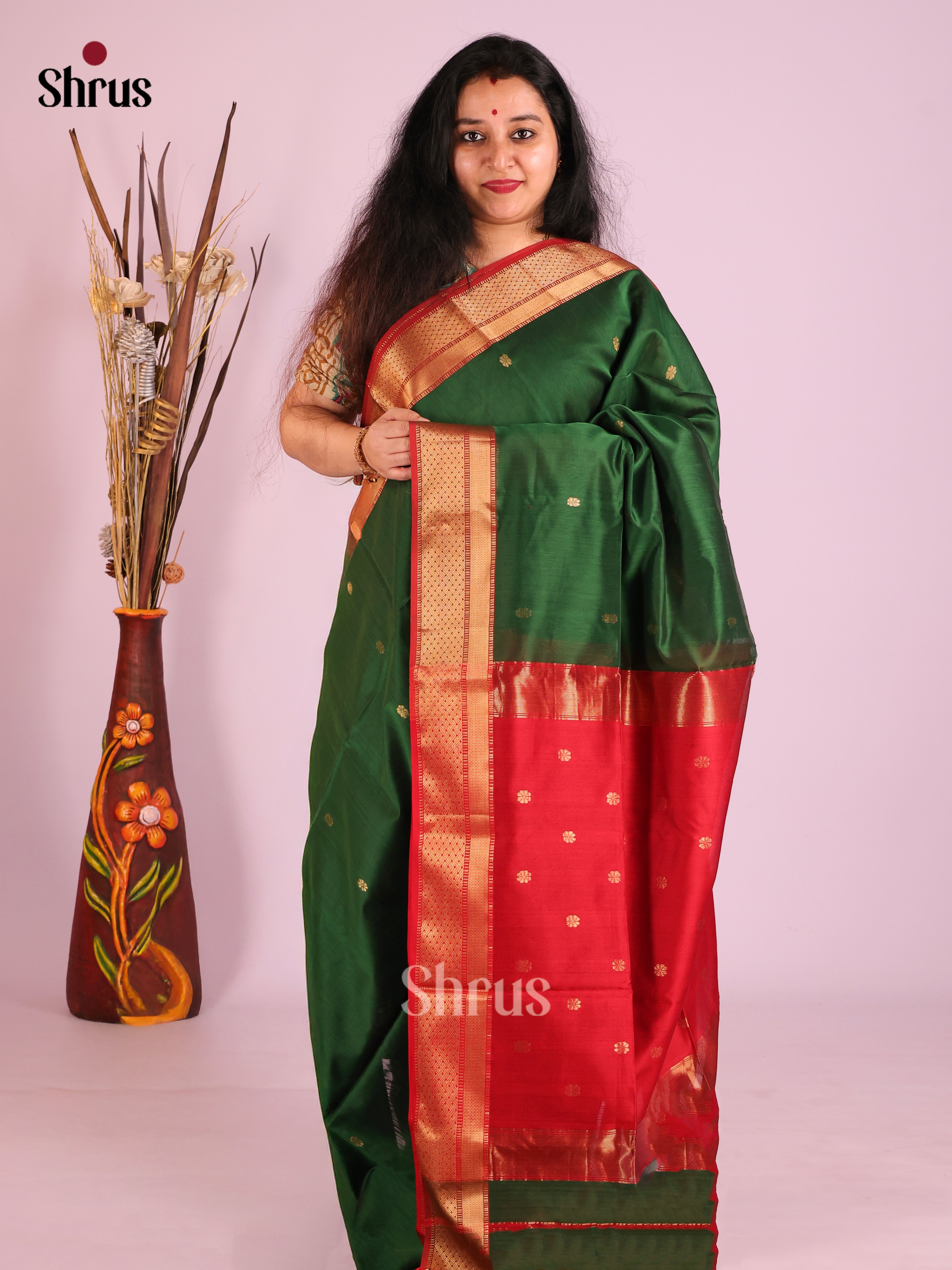 Green & Red - Maheshwari silkcotton Saree - Shop on Shrus.com
