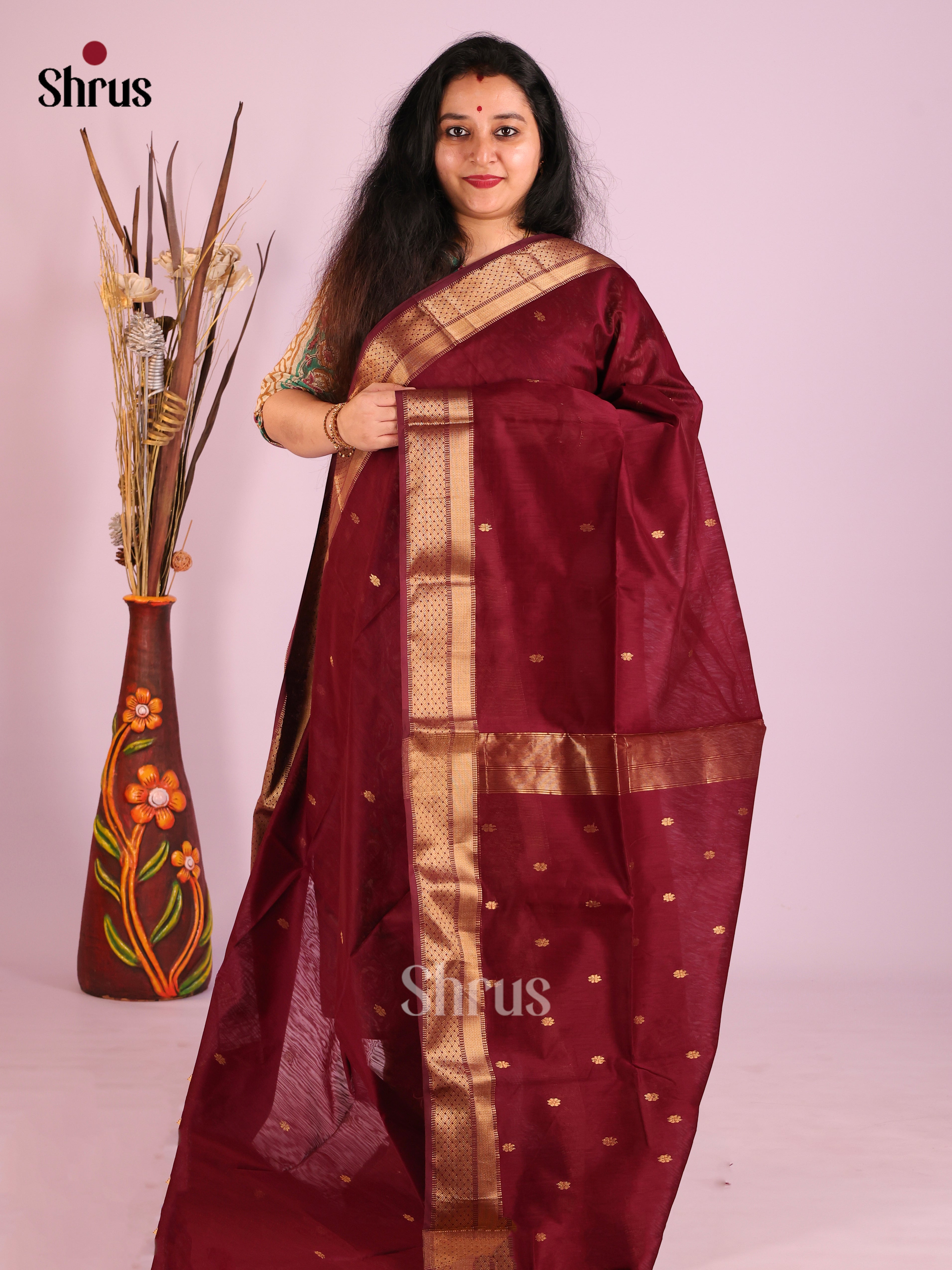 Maroon(Single Tone) - Maheshwari silkcotton Saree