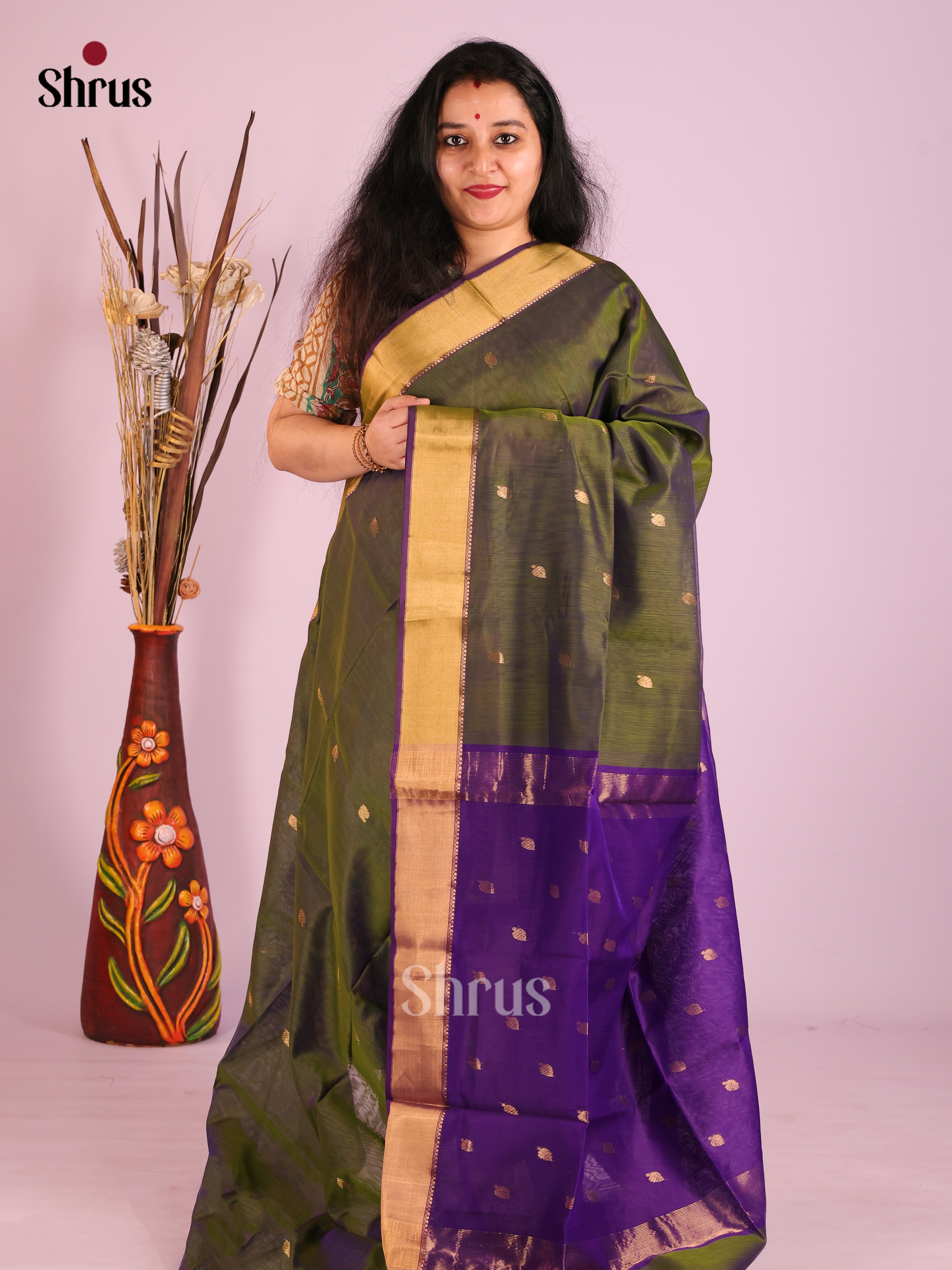 Green & Violet- Maheshwari silkcotton Saree