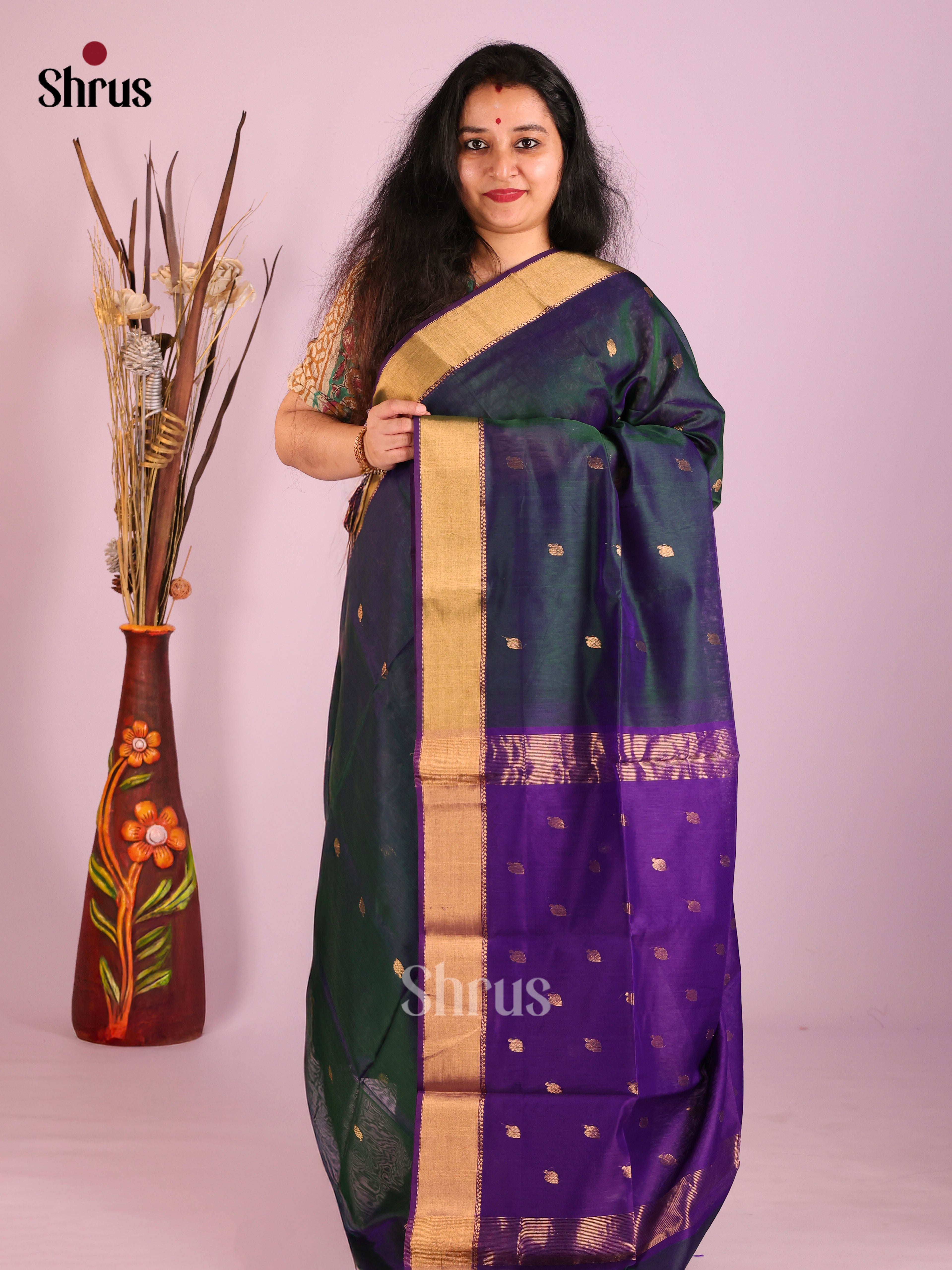 Peacock Green & Violet - Maheshwari silkcotton Saree