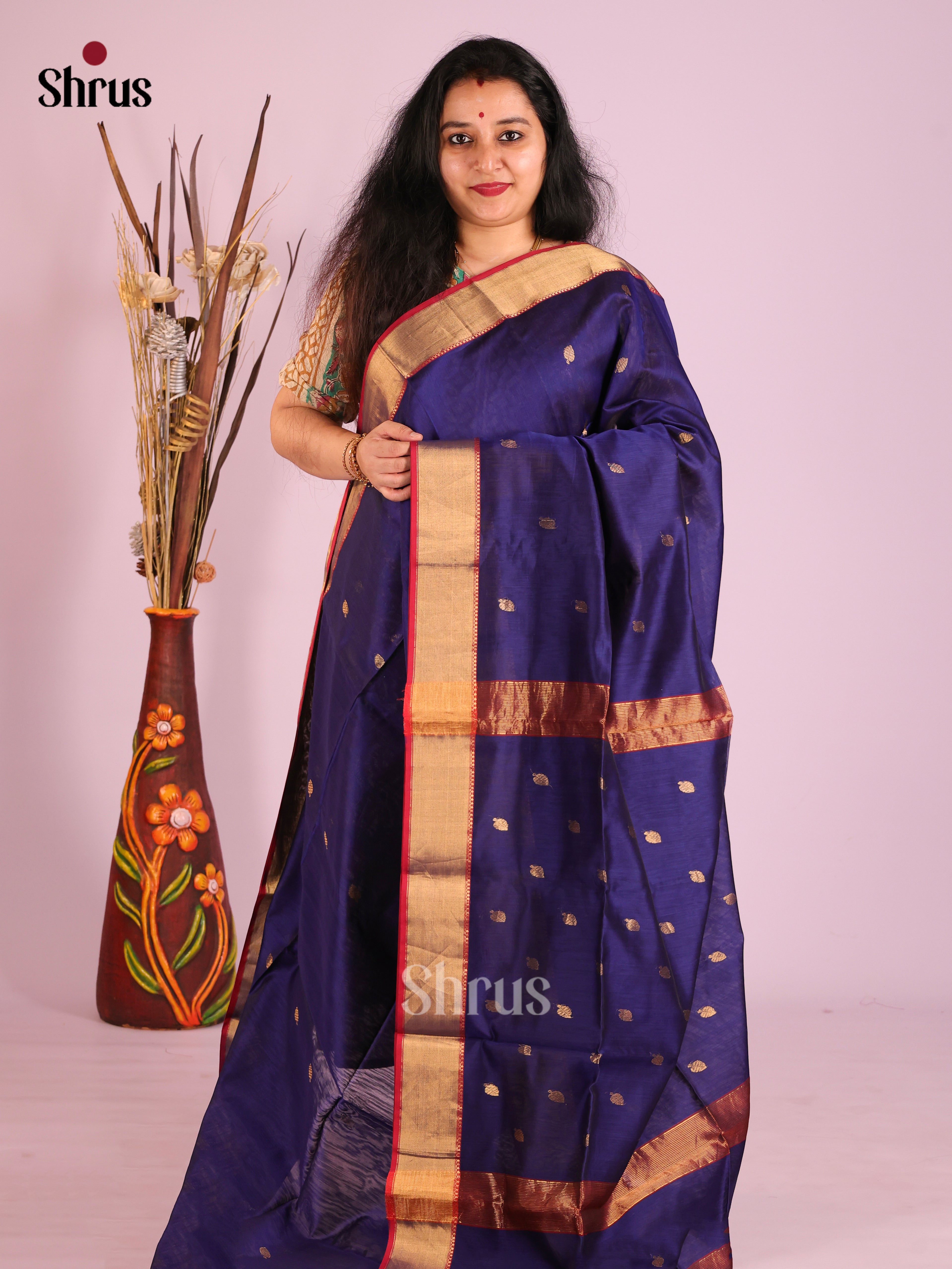Blue & Red- Maheshwari silkcotton Saree