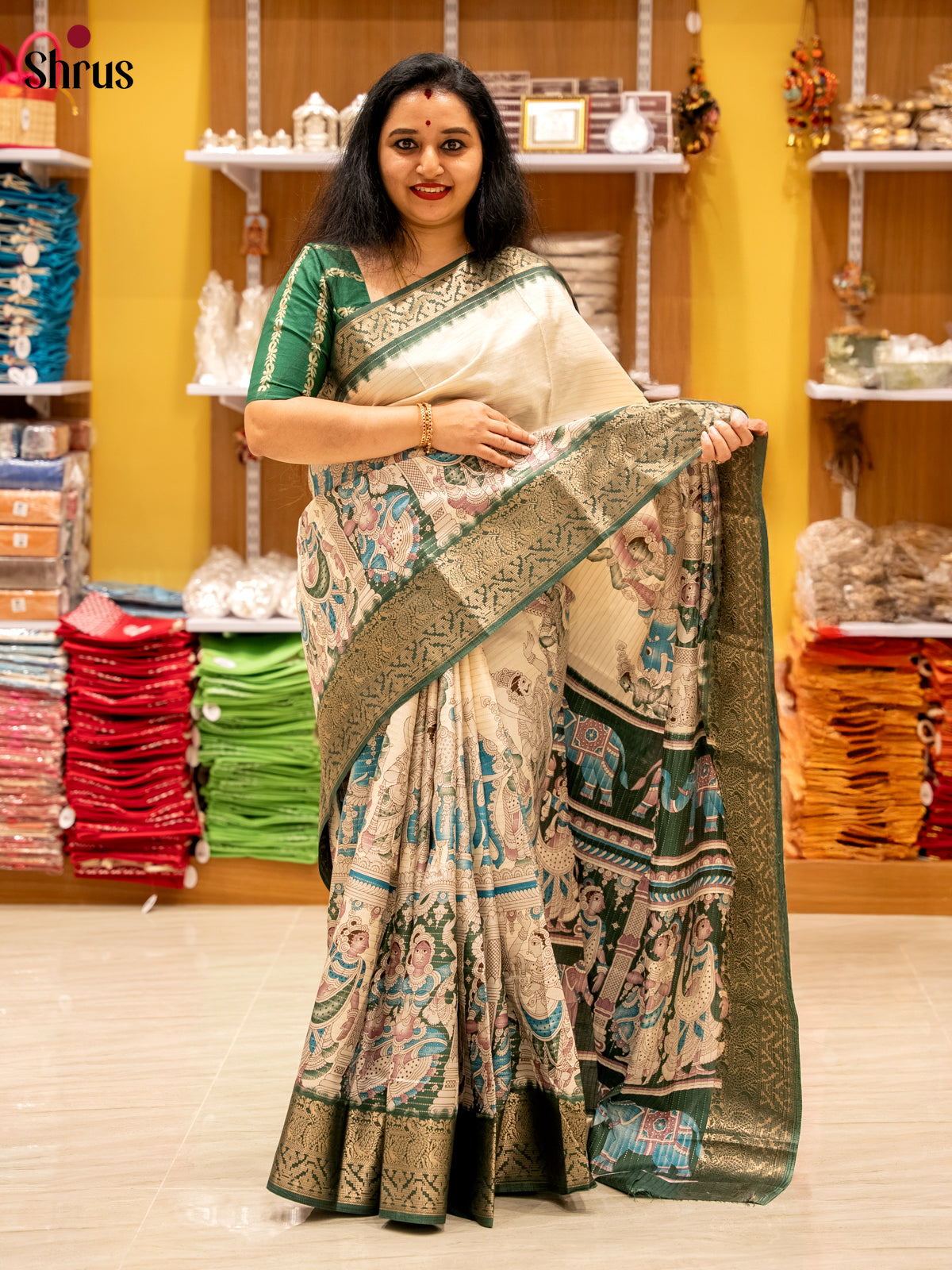 Cream & Green - Semi Tussar Saree