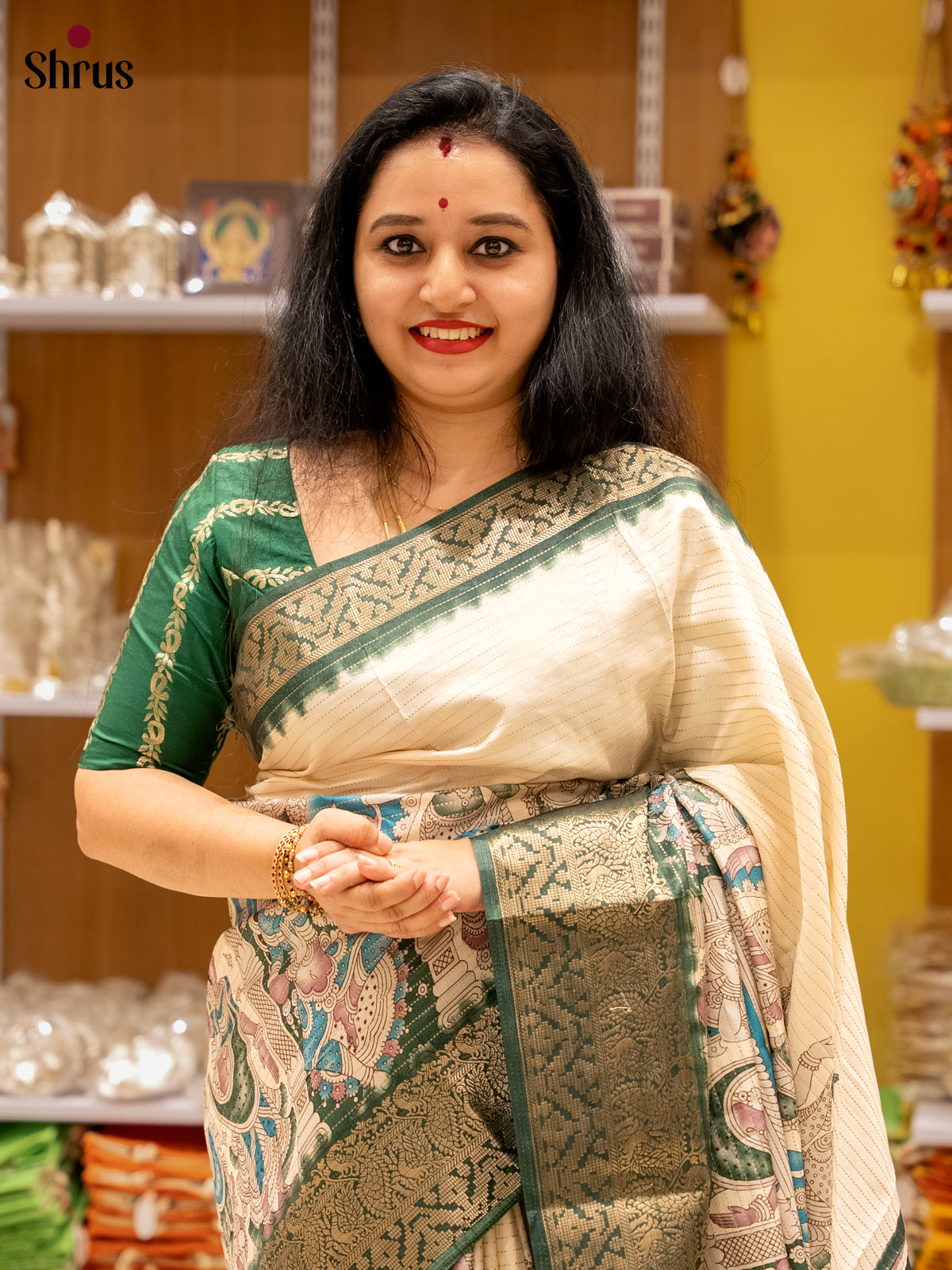 Cream & Green - Semi Tussar Saree