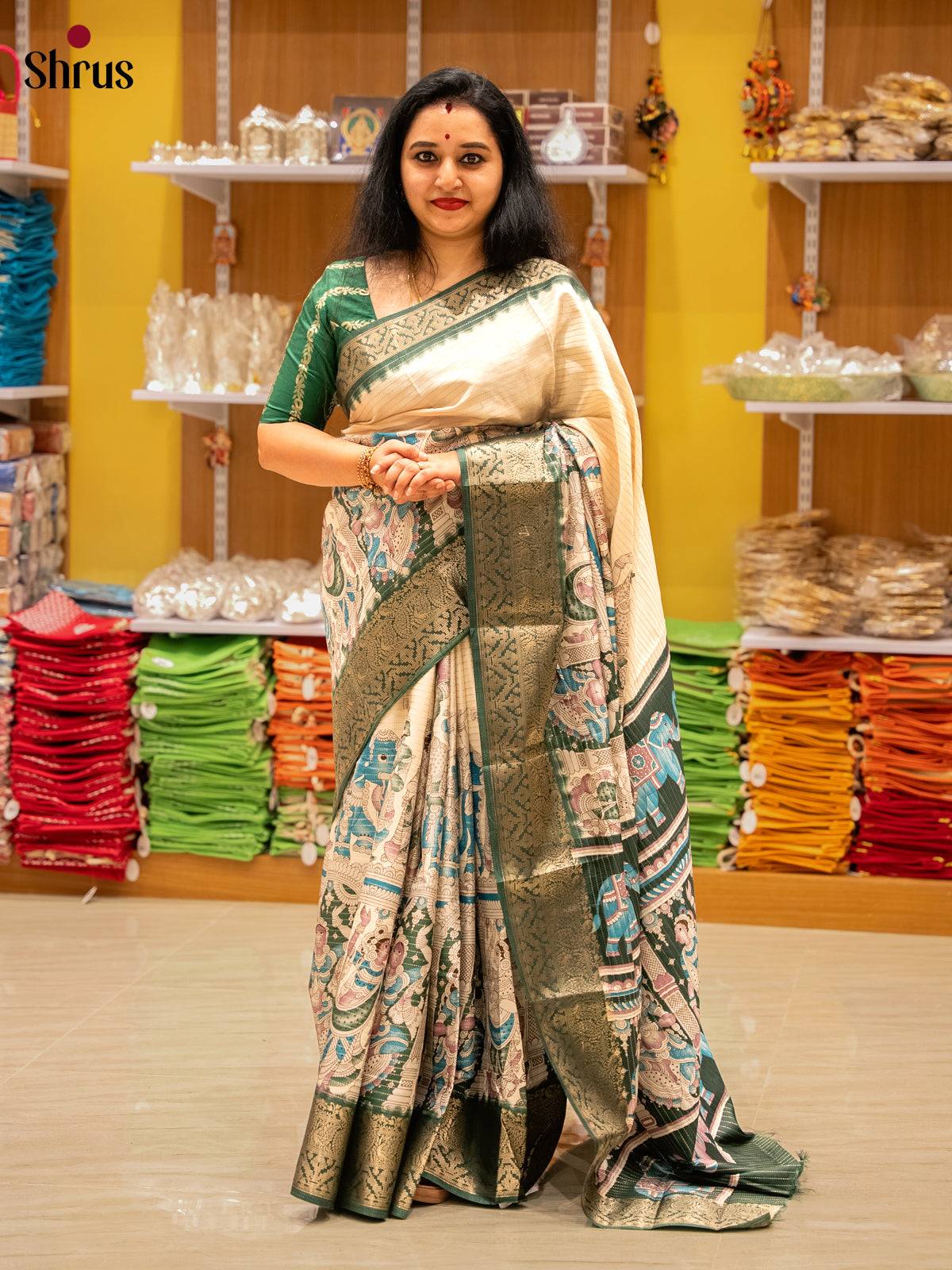 Cream & Green - Semi Tussar Saree