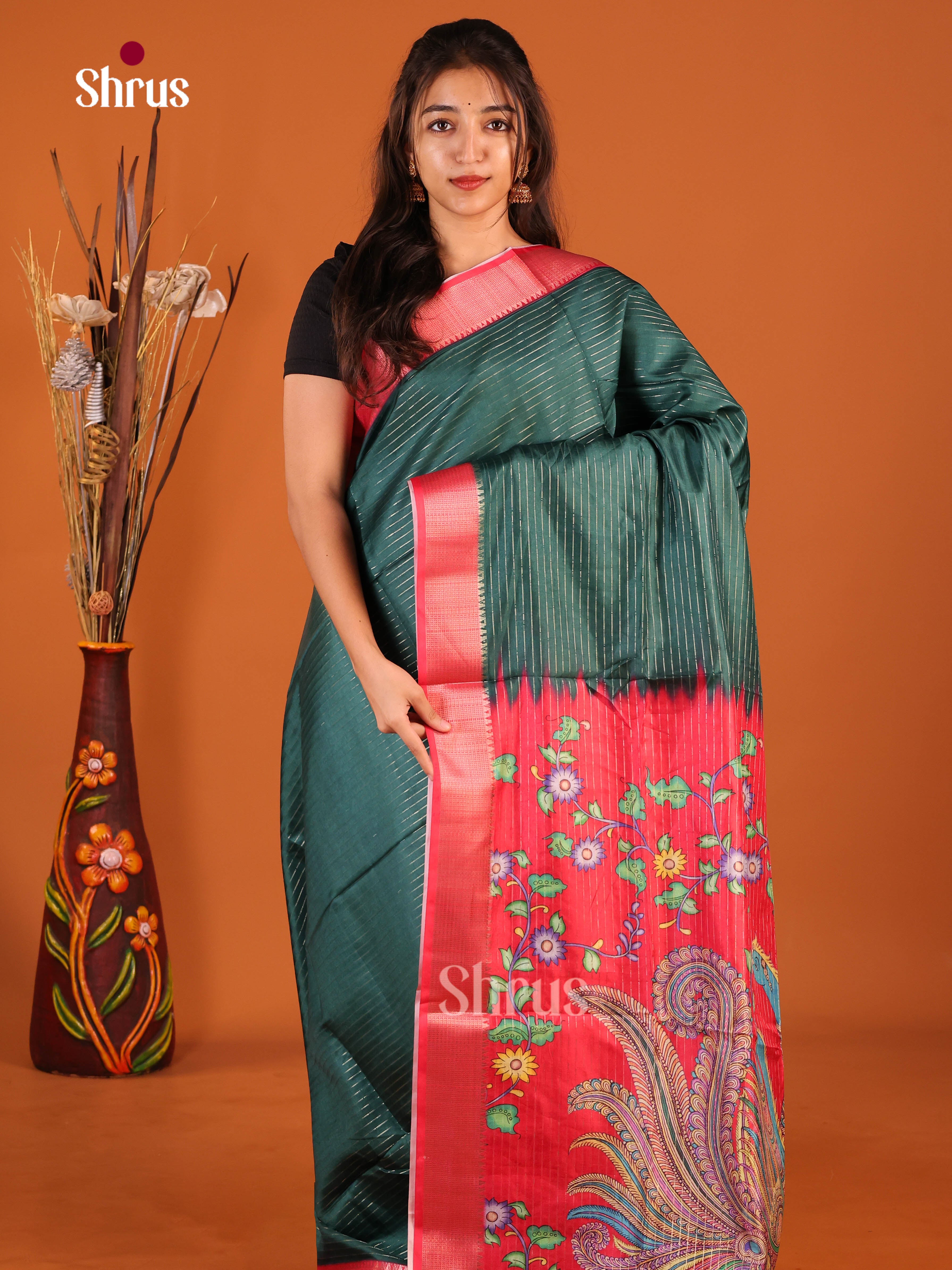 Green & Red - Semi Dola silk Saree