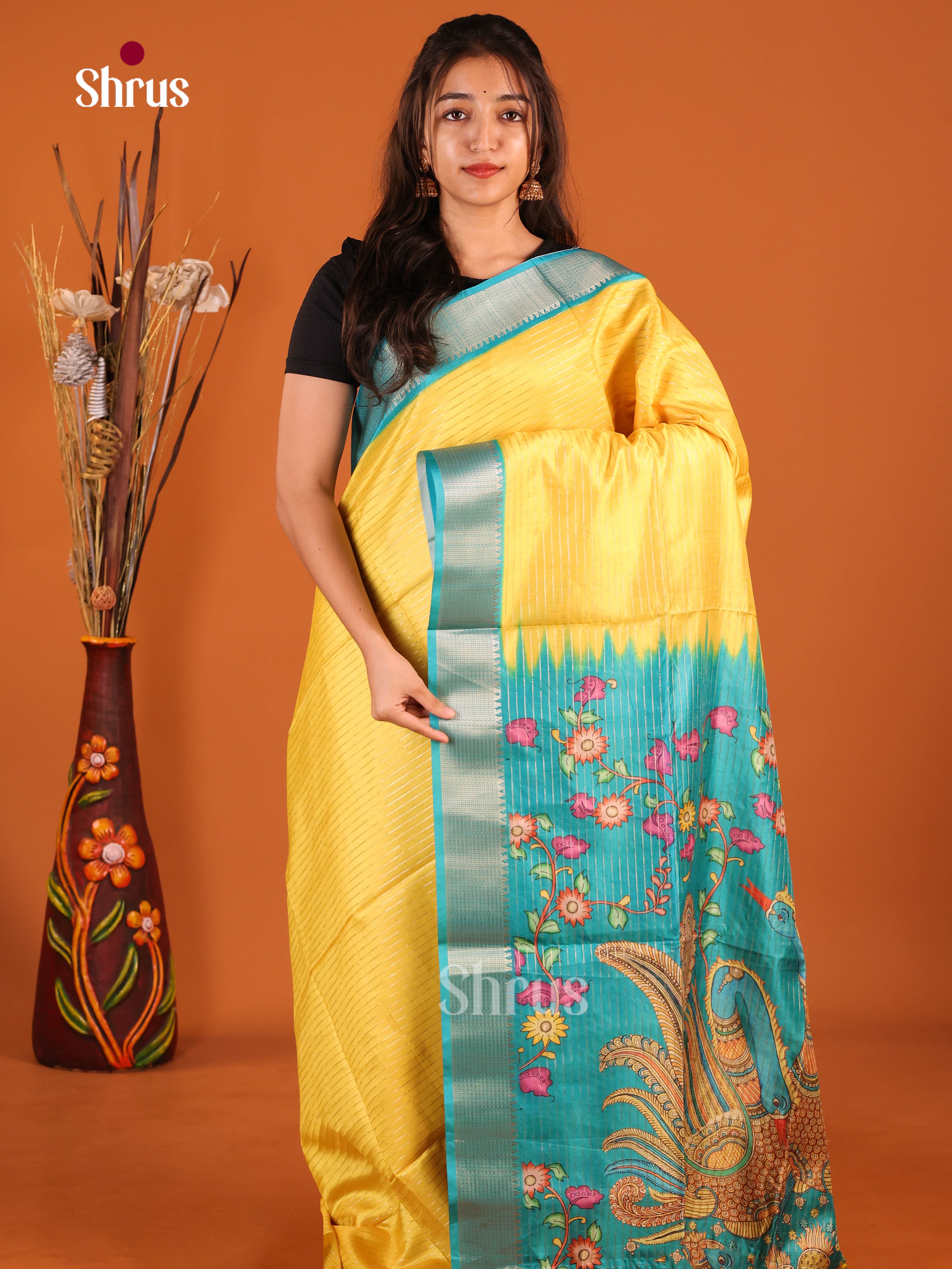 Yellow & Blue - Semi Dola silk Saree