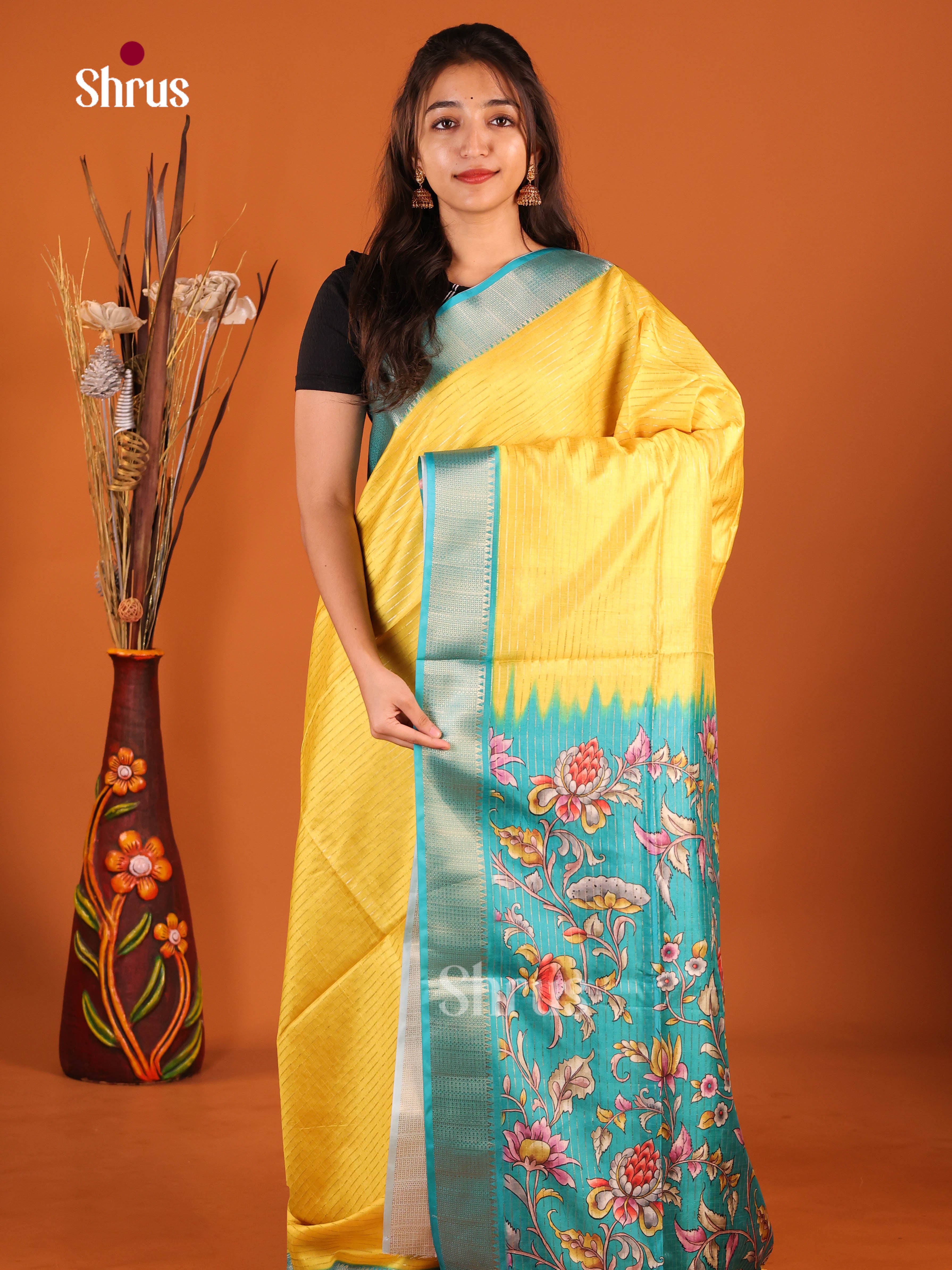 Yellow & Blue - Semi Dola silk Saree